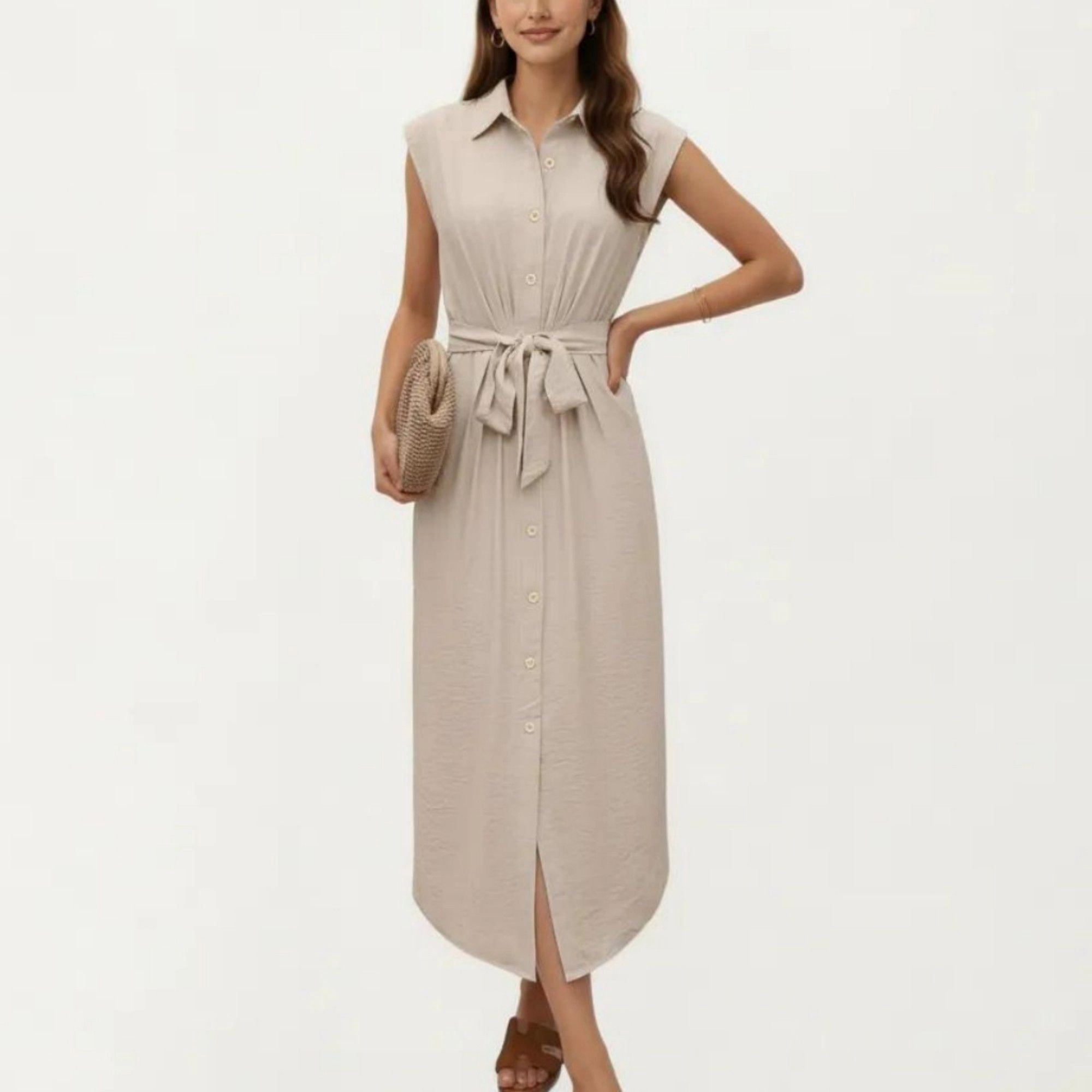 Anna-Kaci Women's Sleeveless Button Front Collared Neck Relaxed Fit Flowy Silhouette Midi Dress