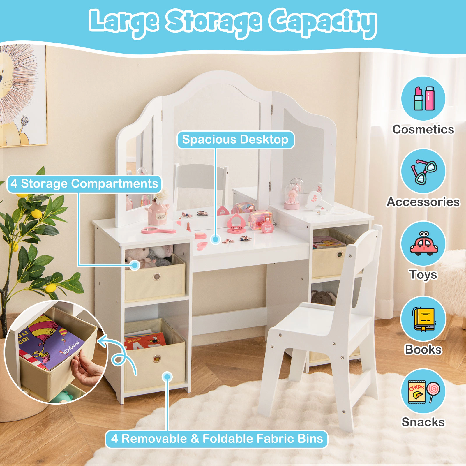 SUGIFT White 3 Removable Mirrors and 4 Storage Bins Kids Vanity Table and Chair Set