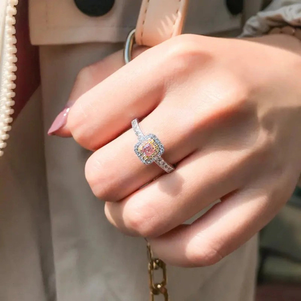 Women's Copper Ring with Square Pink Zircon Wedding Anniversary Party Jewelry