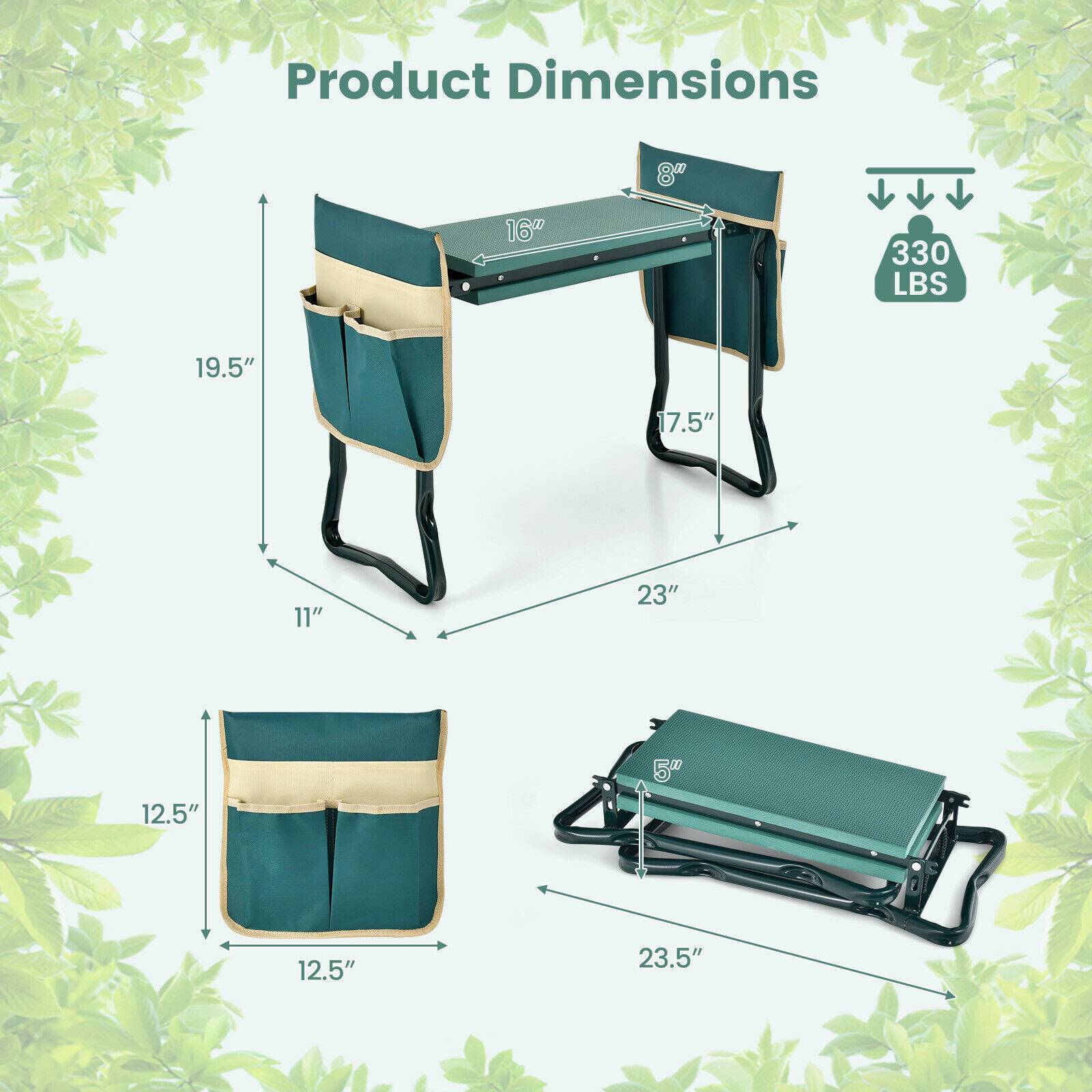 SUGIFT Folding 2-in-1 Garden Kneeler and Seat Bench 16 x 6-in EVA Foam Cushion 260-lb Capacity 23 x 11 x 20-in Green