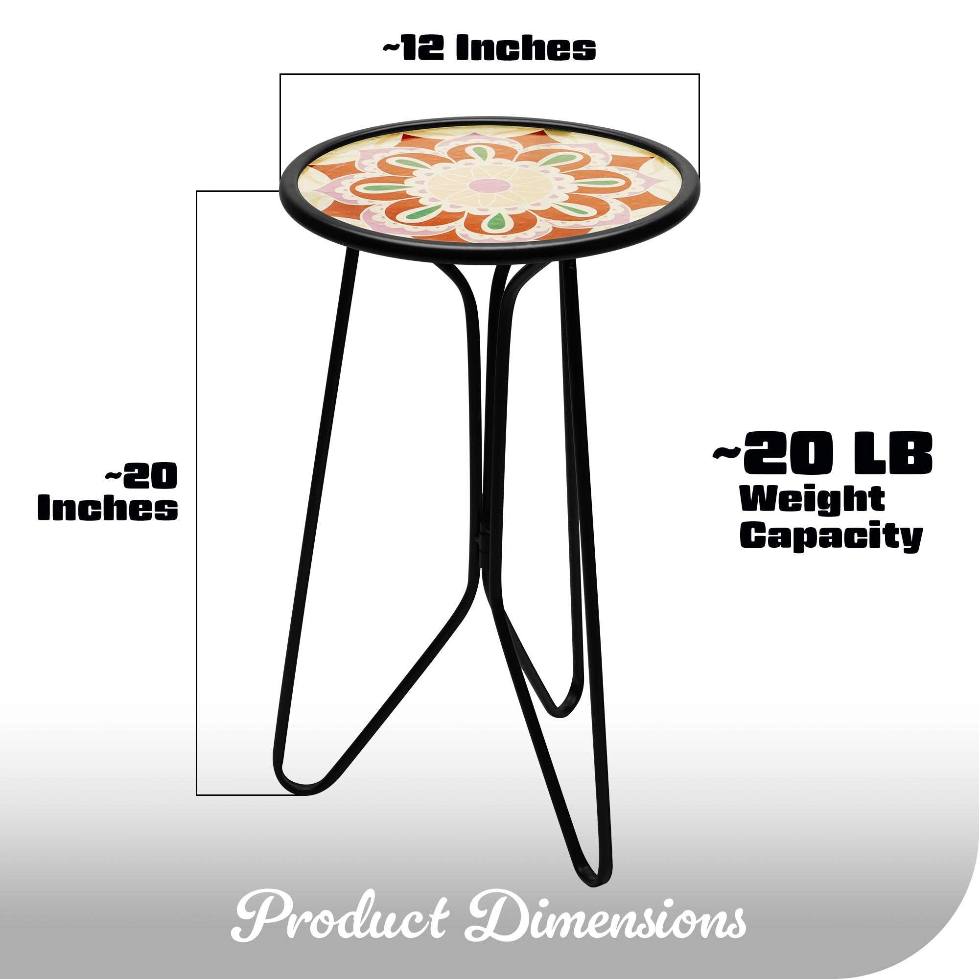 G128 12 in Round Glass Outdoor Side Table Purple Mandala Pattern, Foldable Metal Plant Stand