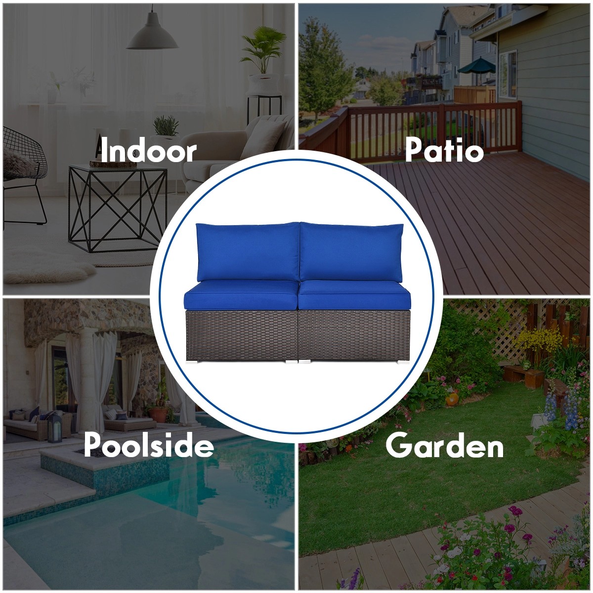 LJG 2 Pieces Patio Rattan Armless Sofa Set with 2 Cushions and 2 Pillows