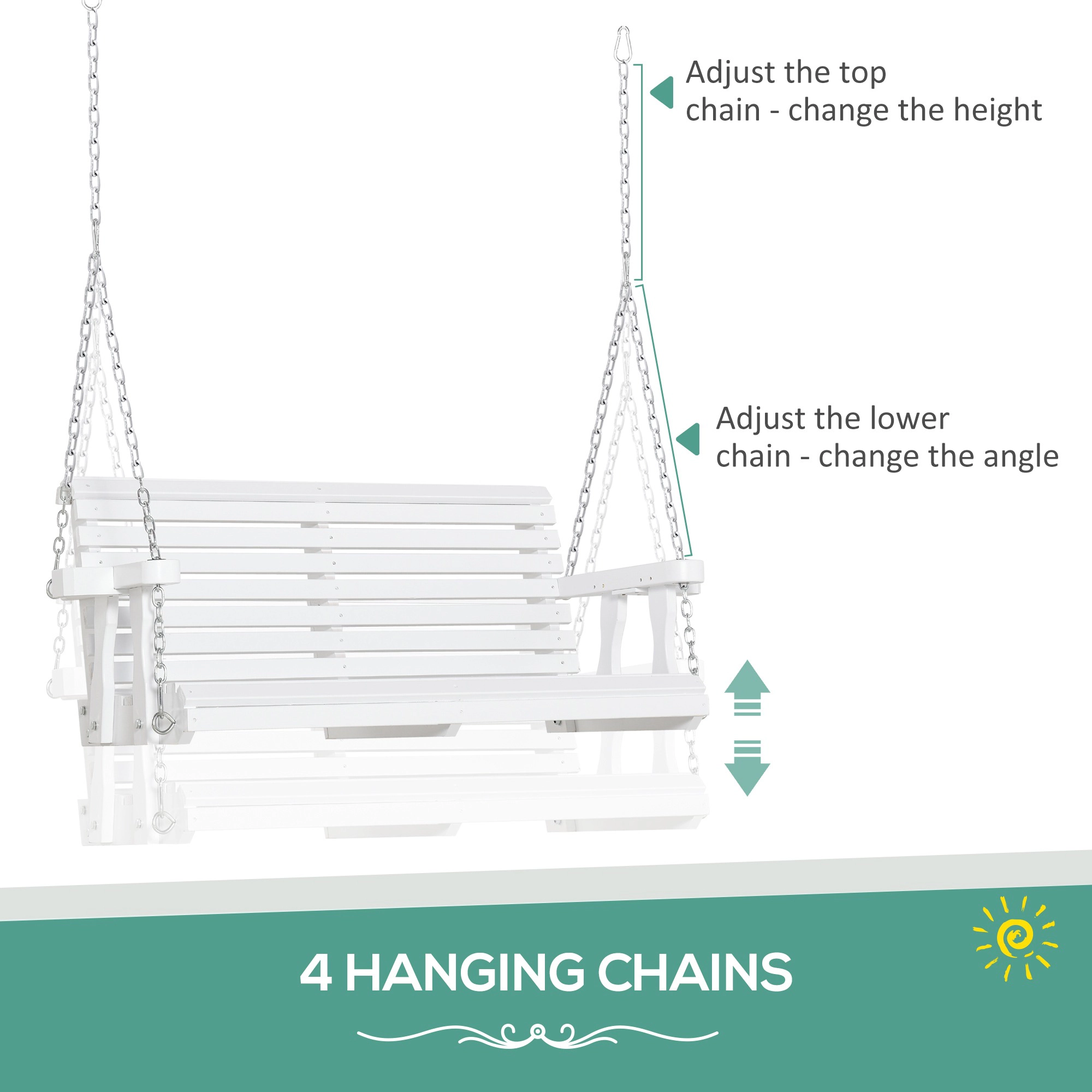 HONGGE 46" 2-Person Wooden Porch Swing Bench with Cup Holders, Slatted Design, Chains, 440lb Capacity
