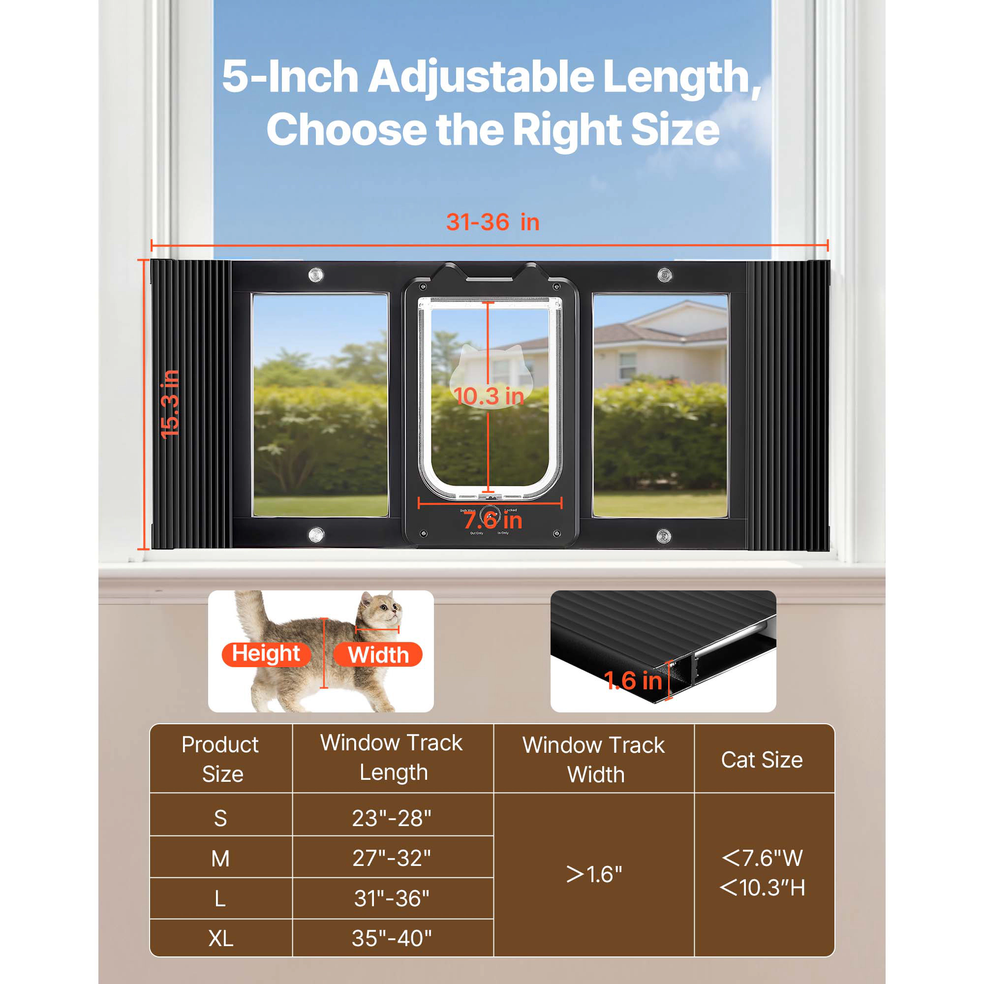HONGGE Cat Door for Window, Adjustable 31 to 36 Inch Width, 4-Way Lock, Aluminum Frame with Magnetic Closure, Black