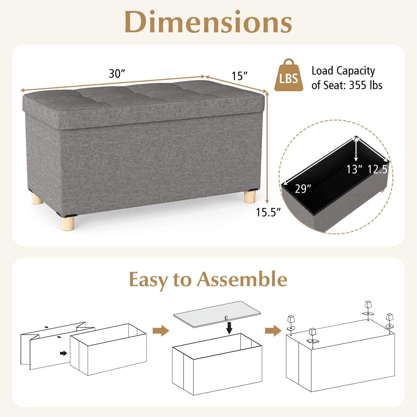 SlickBlue 30 Inch Ottoman Bench with Storage and Wood Grain Lid