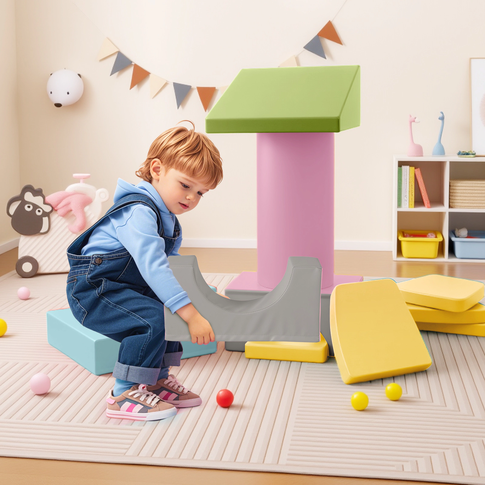 10-Piece Foam Climbing Toys for Toddlers PU Leather Soft Building Blocks with Hook and Loop Fasteners Ages 1-3 Yellow