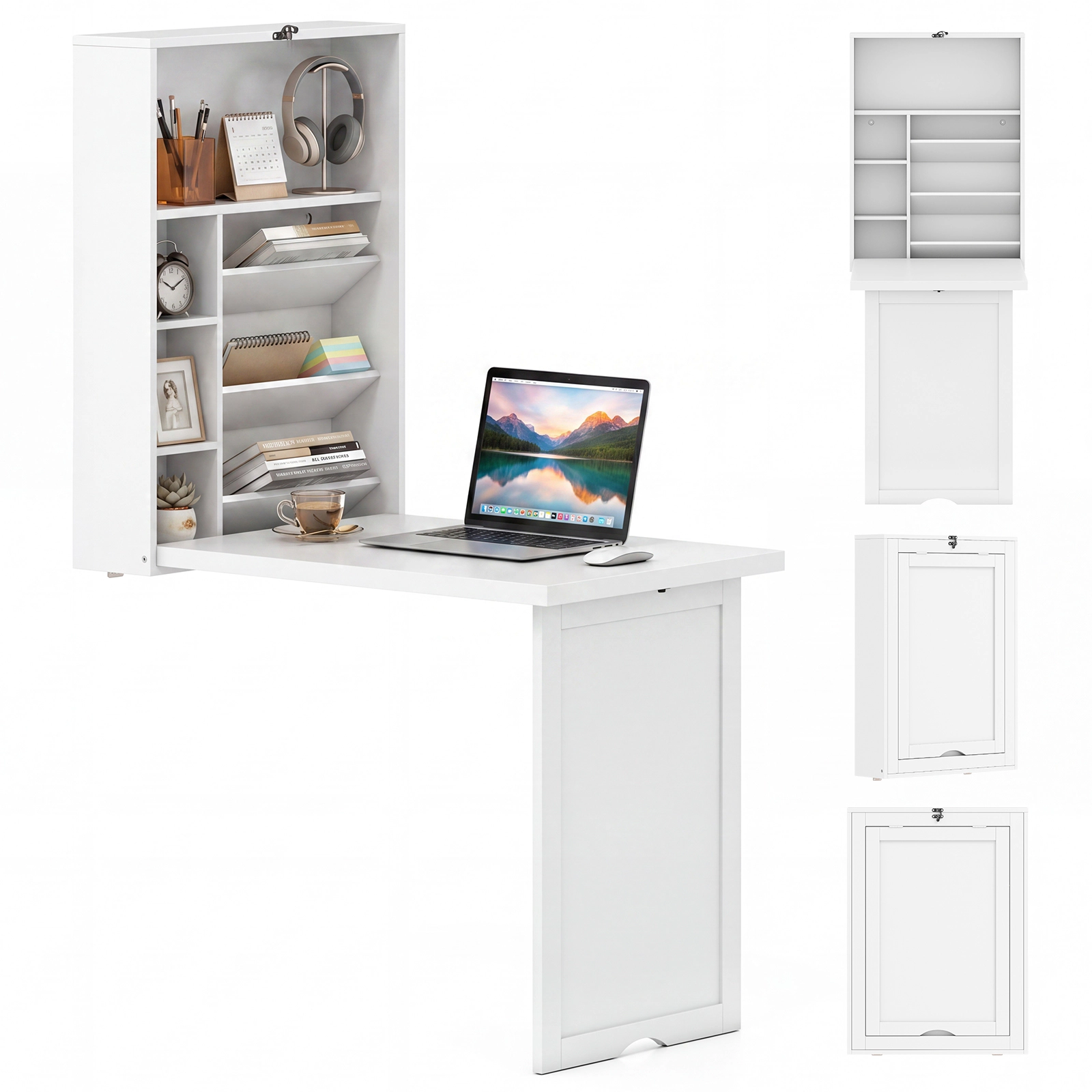 Costway Wall Mounted Computer Convertible Desk Floating w/ Storage Bookcases White