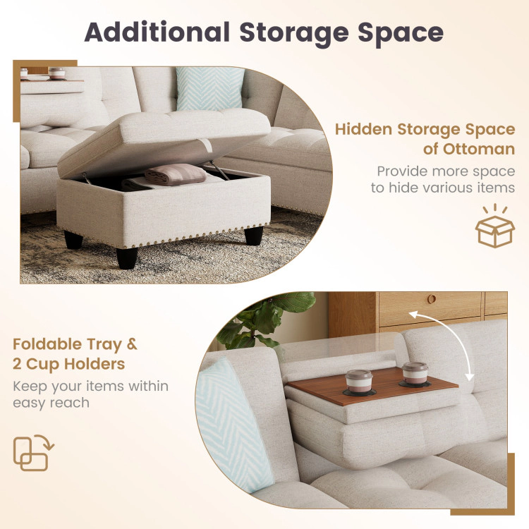 Hivvago Sectional Sofa Couch With Movable Storage Ottoman And Linen Fabric Backs