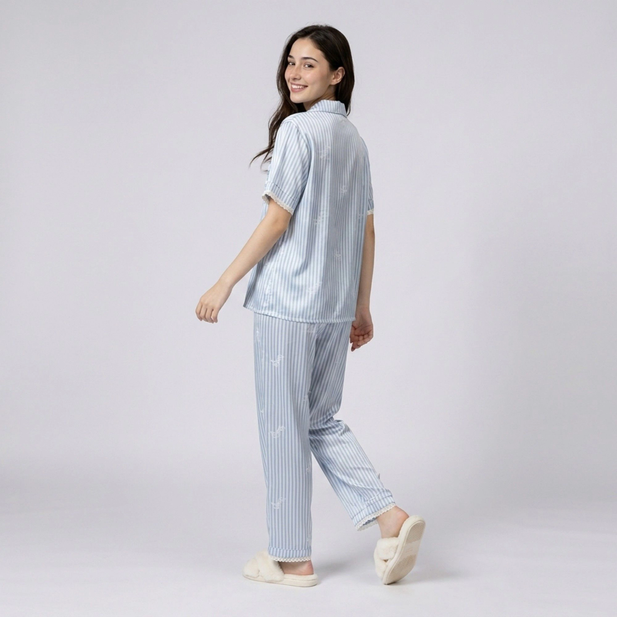 Anna-Kaci Women's 2-Piece Striped Pajama Set with Short Sleeve Button Top and Wide Leg Pants