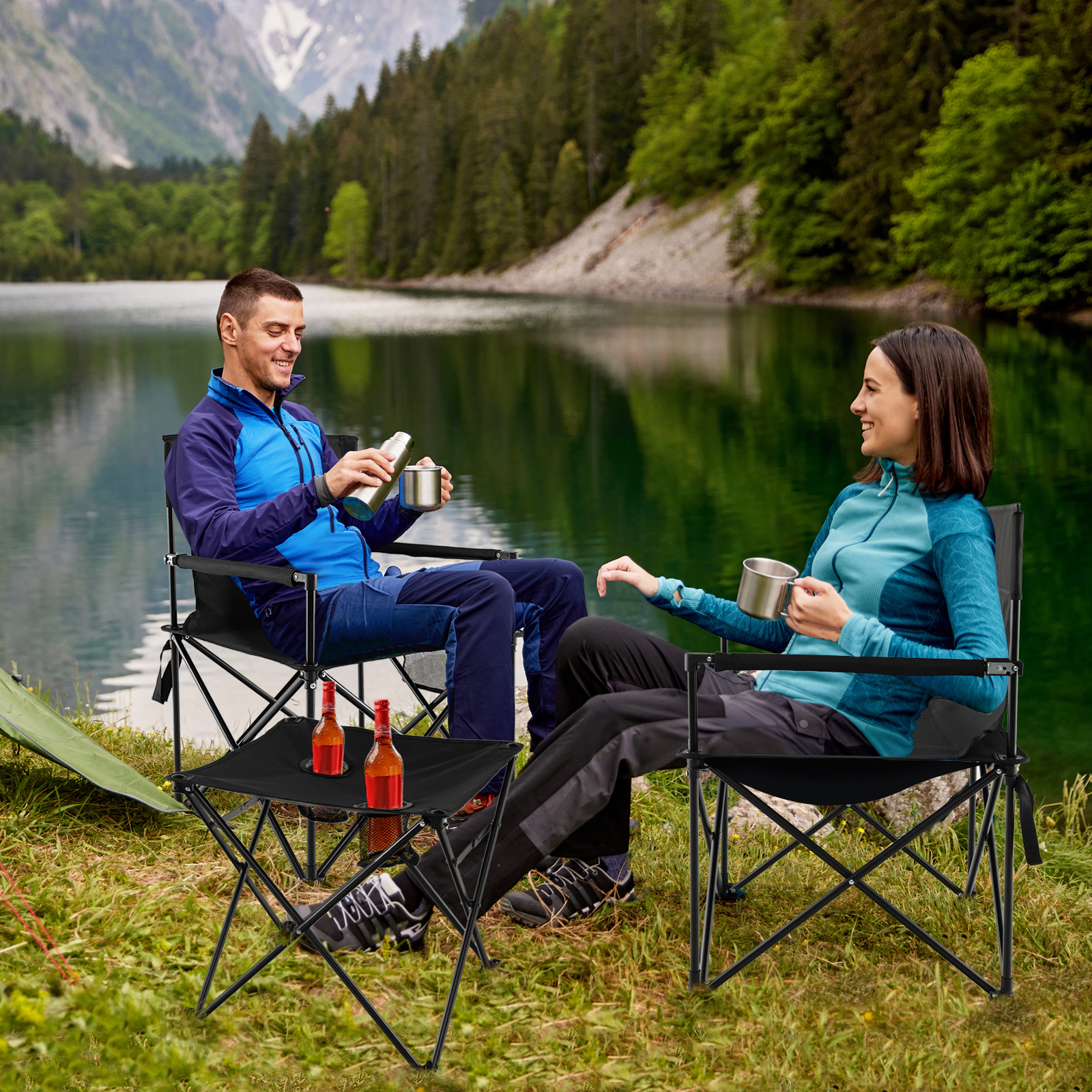 SUGIFT 400-lb Capacity Folding Camping Chairs and Table Set with Cup Holder Side Pockets and Carry Bag