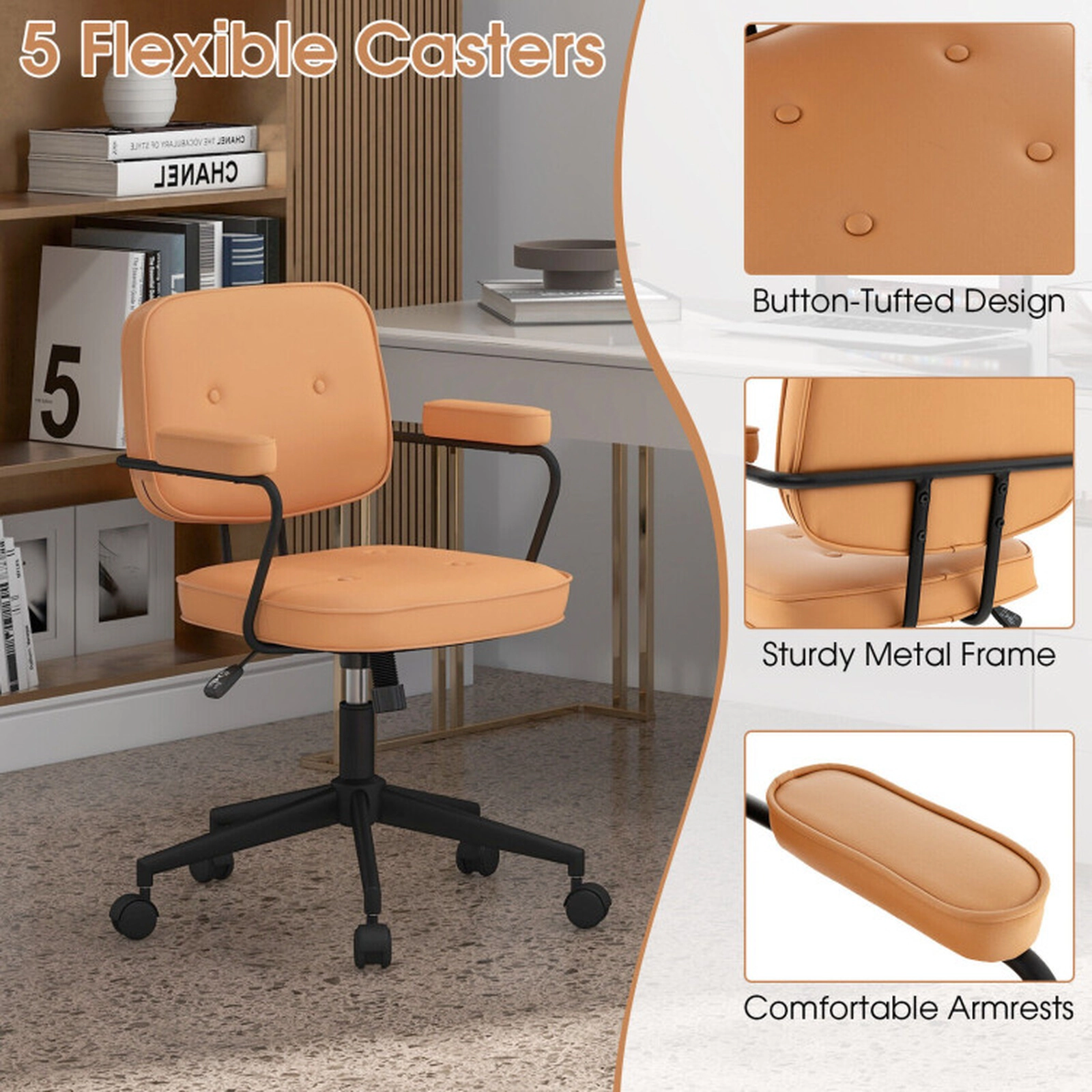 SUGIFT Rocking Backrest PU Leather Home Office Chair with Rubberwood Armrests 330-lb Capacity 23-in Wide Seat Orange