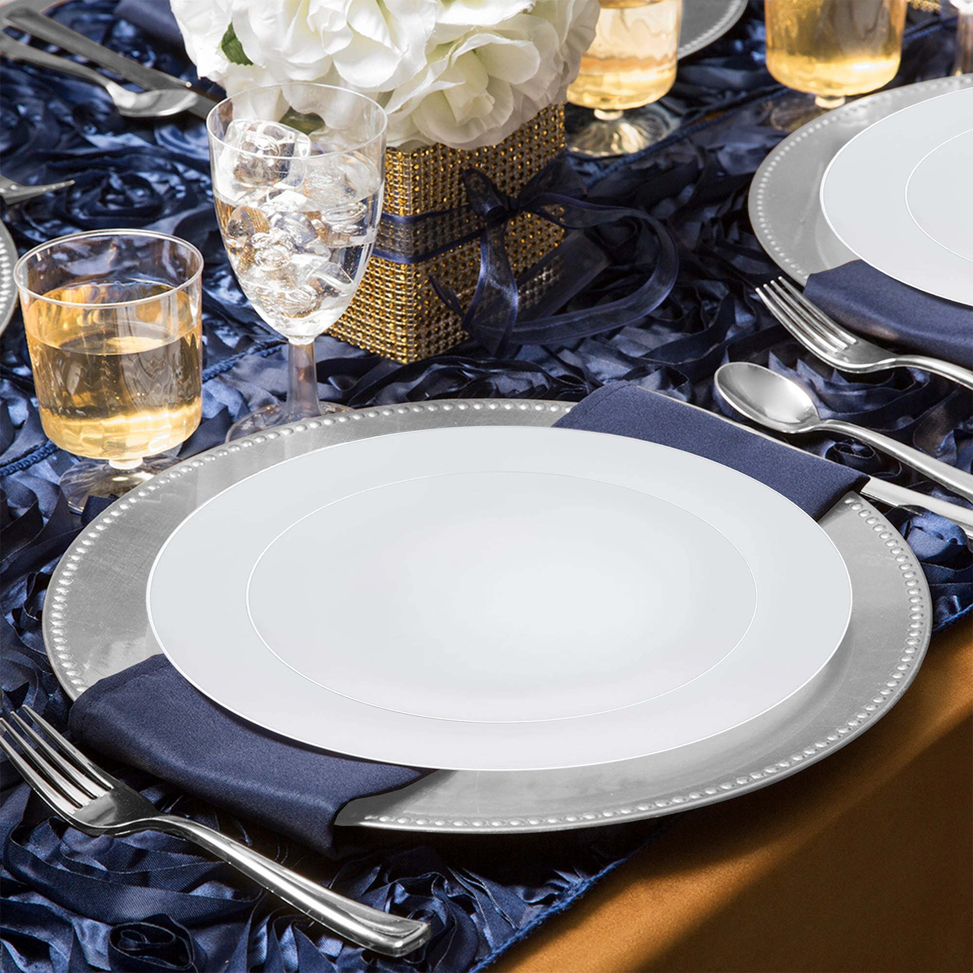 Smarty Had A Party White with Silver Rim Organic Round Disposable Plastic Wedding Value Set