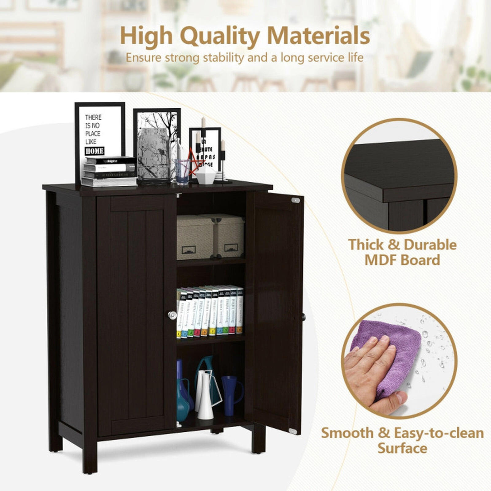 SUGIFT Brown 2-Door 66-lb Capacity Bathroom Floor Storage Cabinet with 2-Tier Shelves and 6 Adjustable Positions