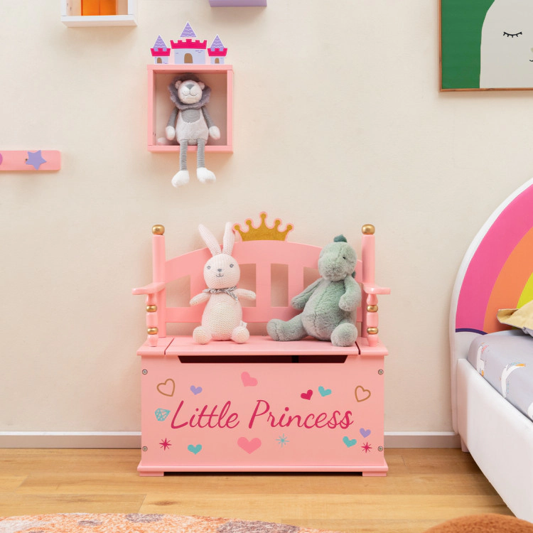 Hivvago 2-In-1 Kids Princess Wooden Toy Box with Safe Hinged Lid