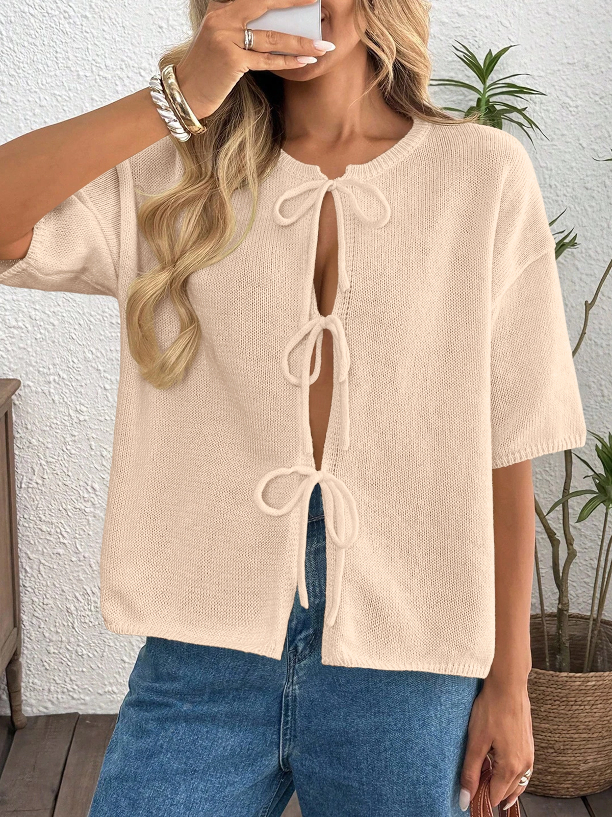 KOJOOIN Women's Tie Front Cardigan Short Sleeve Knit Top Crew Neck Ribbed Trim Loose Fit Tops