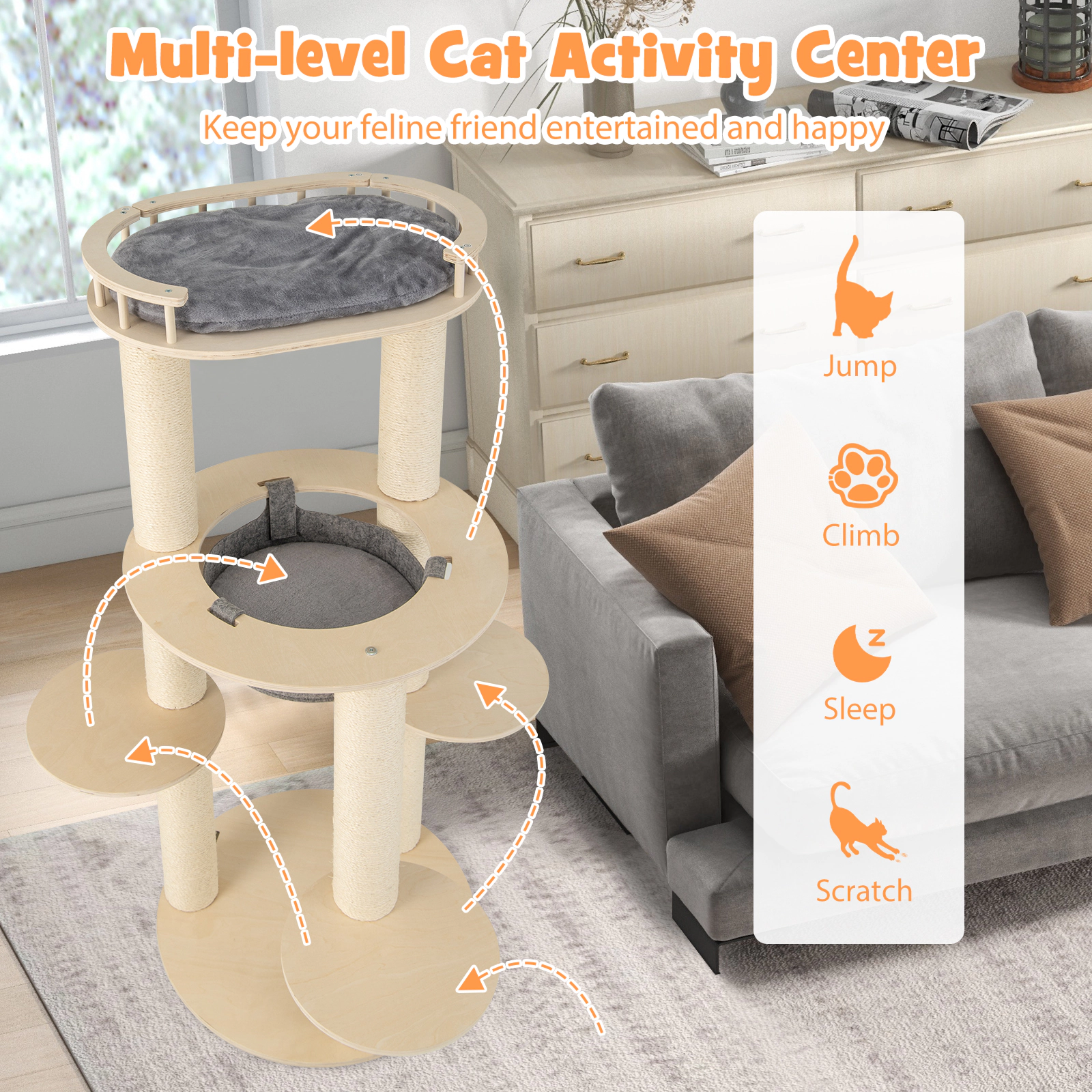 Glintex 59-Inch 5-Level Cat Tree with 4.4-Inch Thick Posts and Fence-Style Perch, Gray