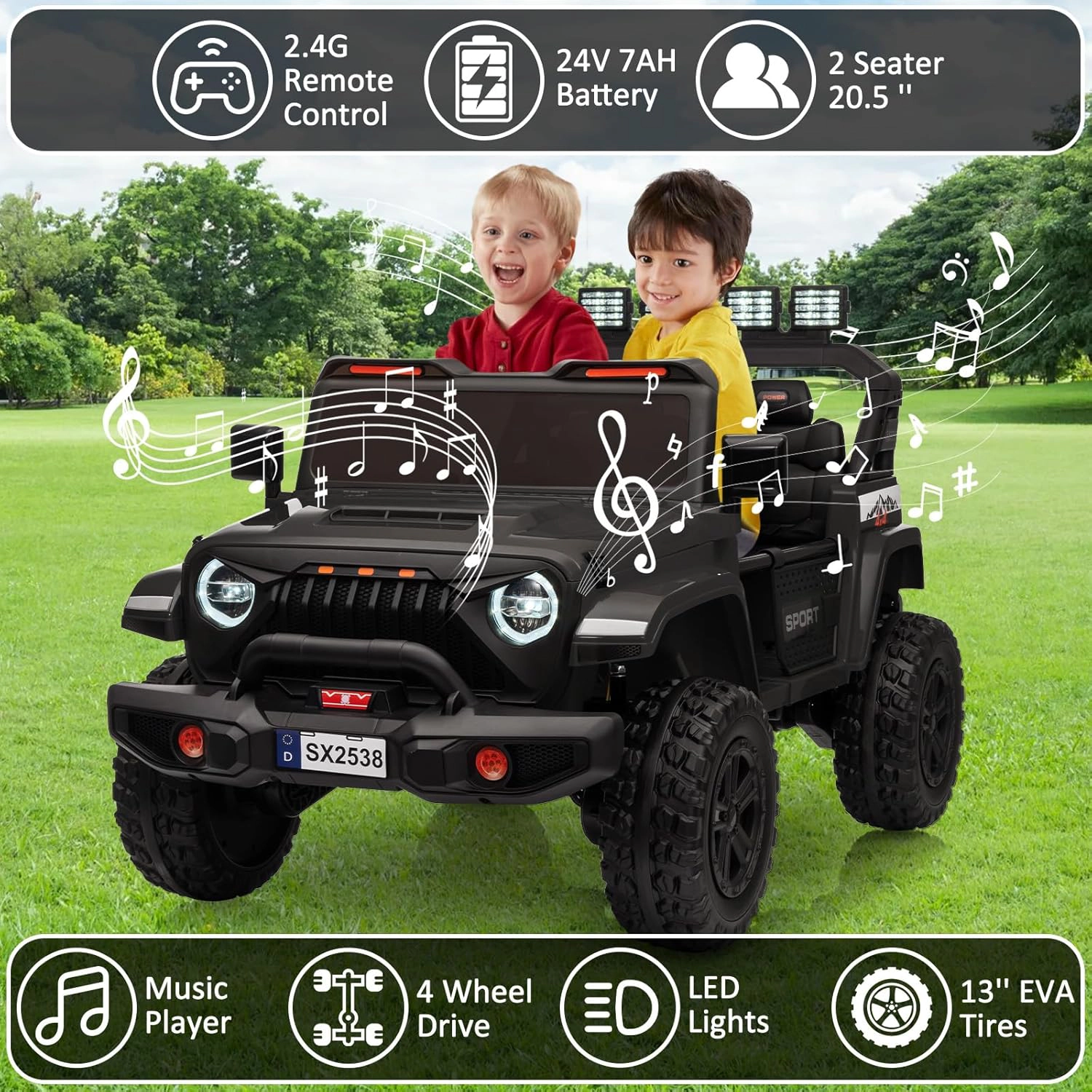 Enjyam 24V 2-Seater Kids Ride On Truck, Electric Car with 4WD 800W Motor,Parent Remote Control,3 Speeds&Music Player