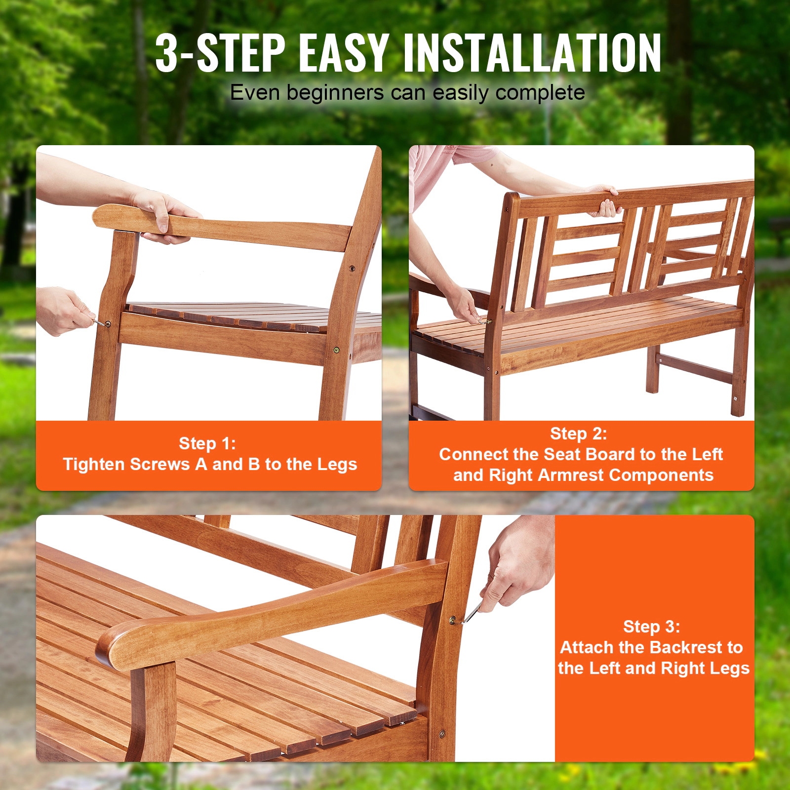 HONGGE Outdoor Bench Wood Garden Bench for Outdoors Outdoor Garden Park Bench with Backrest and Armrests Capacity Bench