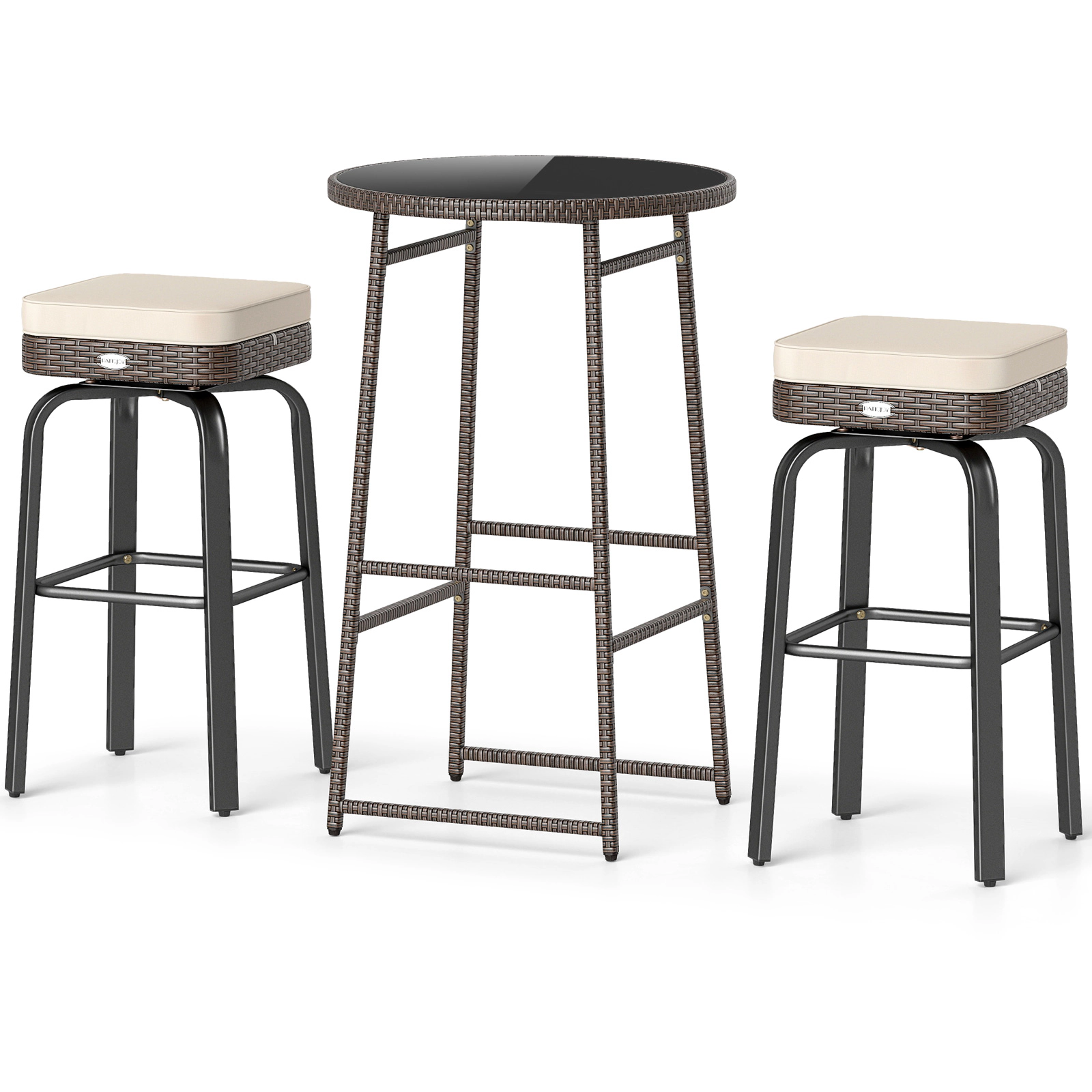 LJG 3 Pieces Outdoor Swivel Bar Set PE Rattan Bar Height Table with 2 Chairs