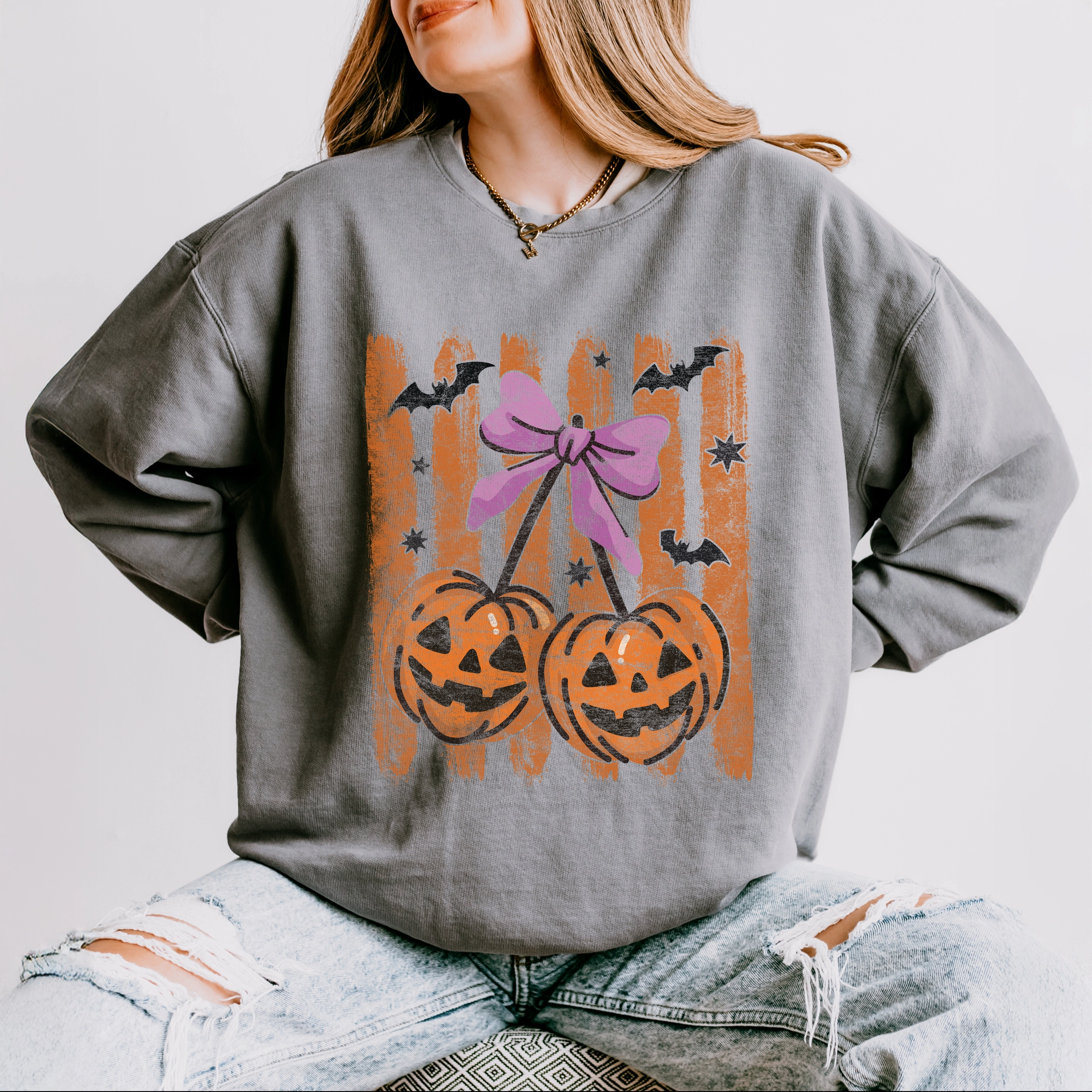 Simply Sage Market - Women's Lightweight Garment Dyed Sweatshirt Pumpkin Cherry Bunch
