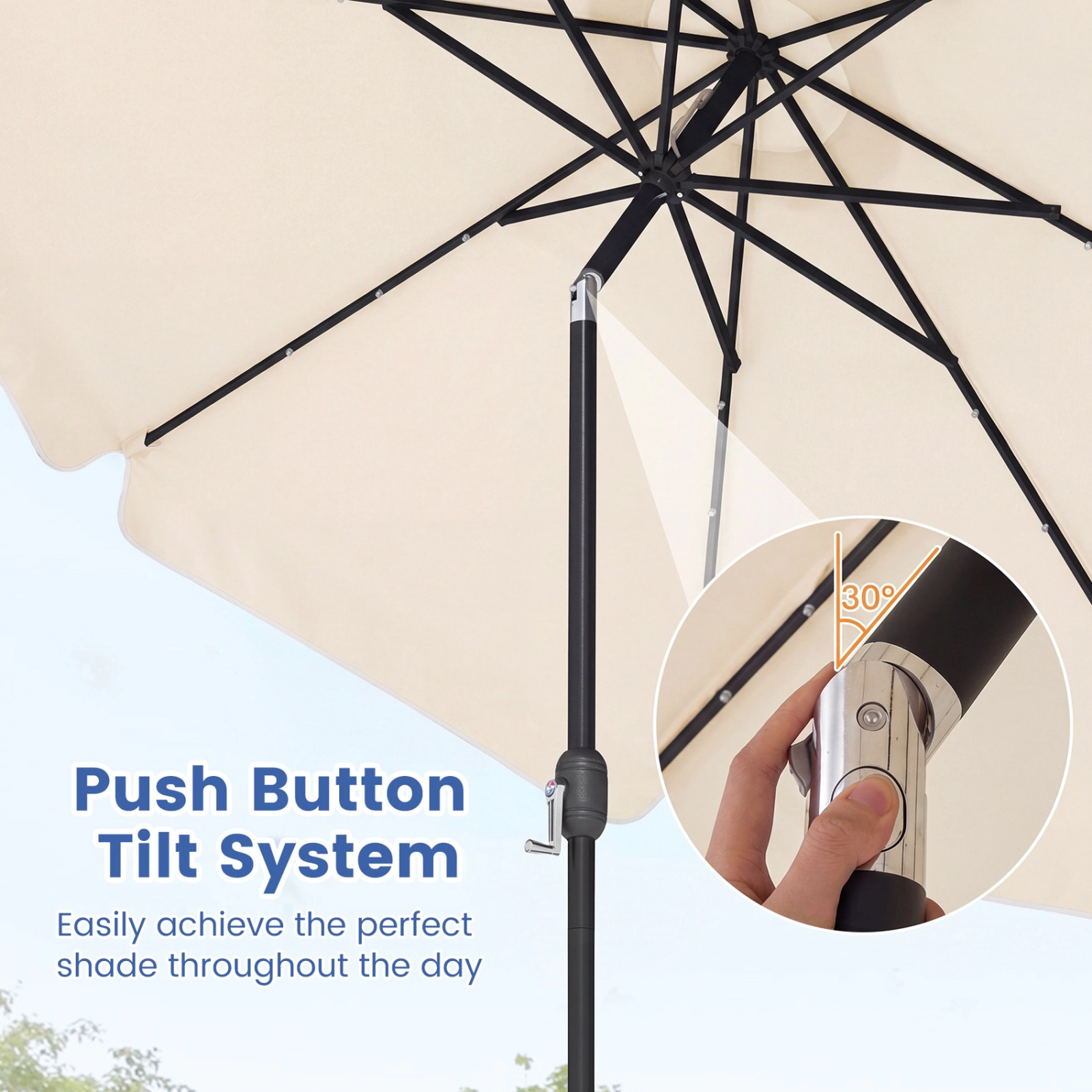 SUGIFT 10-ft Beige Solar Patio Umbrella with 24 LED Lights, Push-Button Tilt and Scalloped Canopy