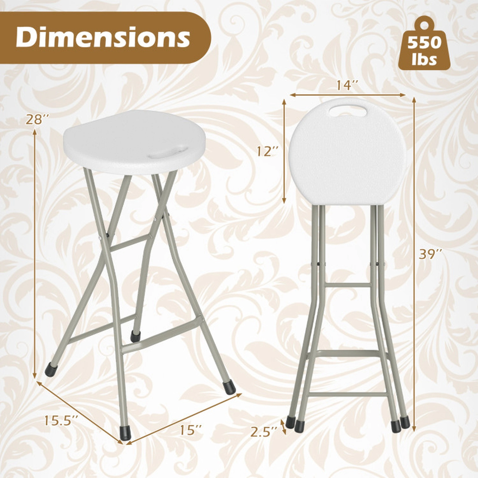 SUGIFT 28-In Portable Folding Stool Patio Dining Chair 330-Lb Capacity with Footrest 28-In Tall Set of 1 White