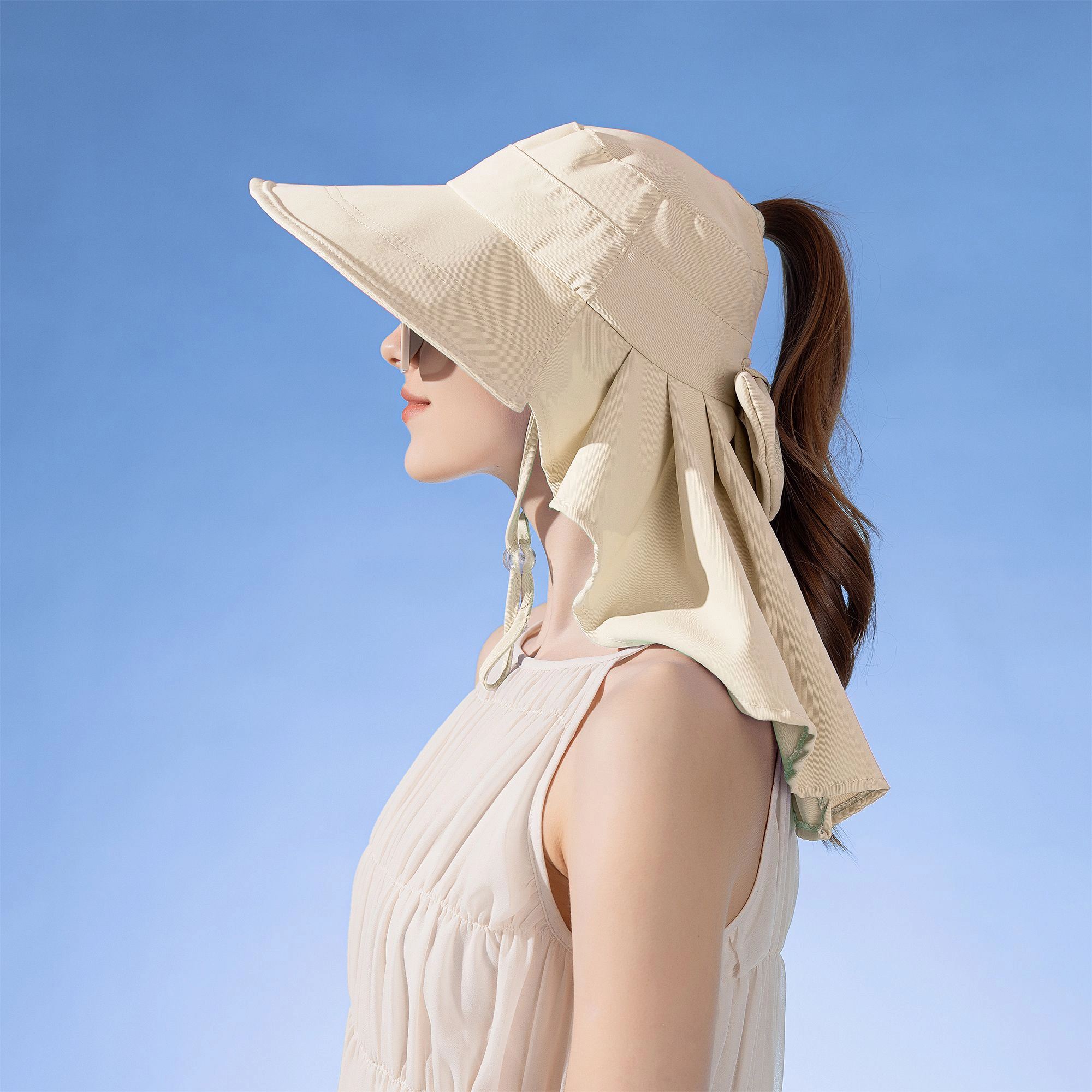 Anna-Kaci Womens Wide Brim Sun Hat UV Protection Flap Design with Back Bow Detail and Adjustable Chin Strap