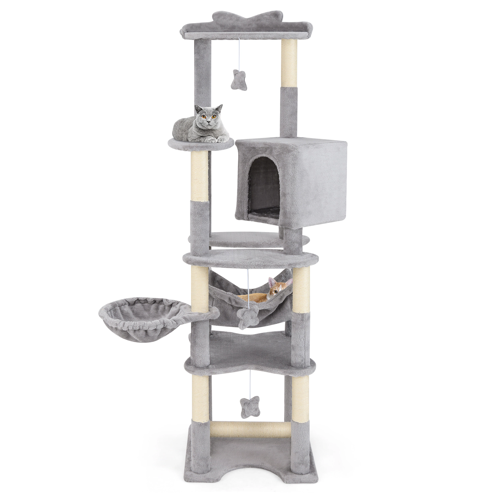SUGIFT 69-in Multi-level Cat Tree with Top Perch Condo Hammock Basket and Toys 11-lb Capacity Gray + Orange