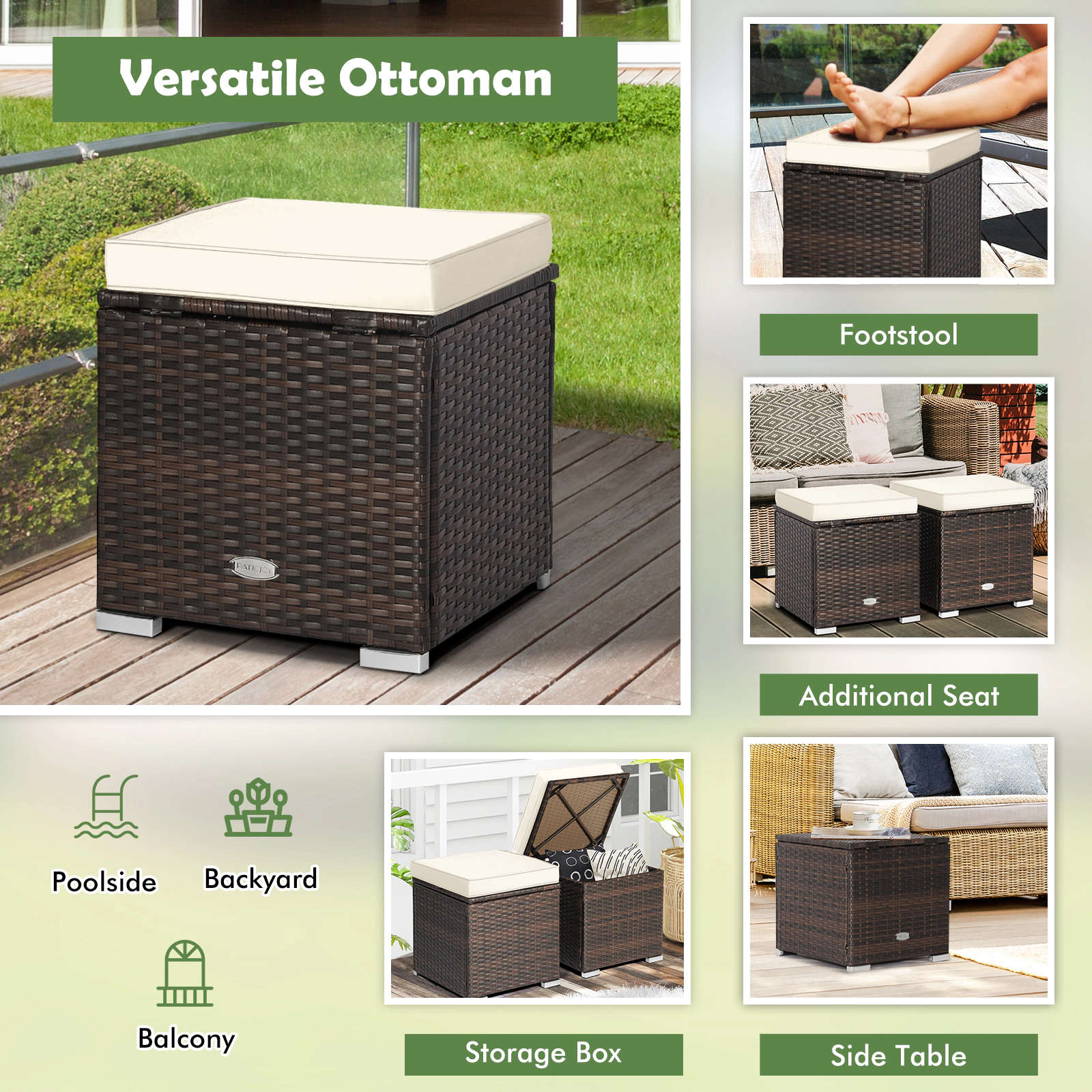 SUGIFT Patio Ottoman and Storage Seat with Removable Cushions 350-lb Top Capacity Mix Brown Rattan