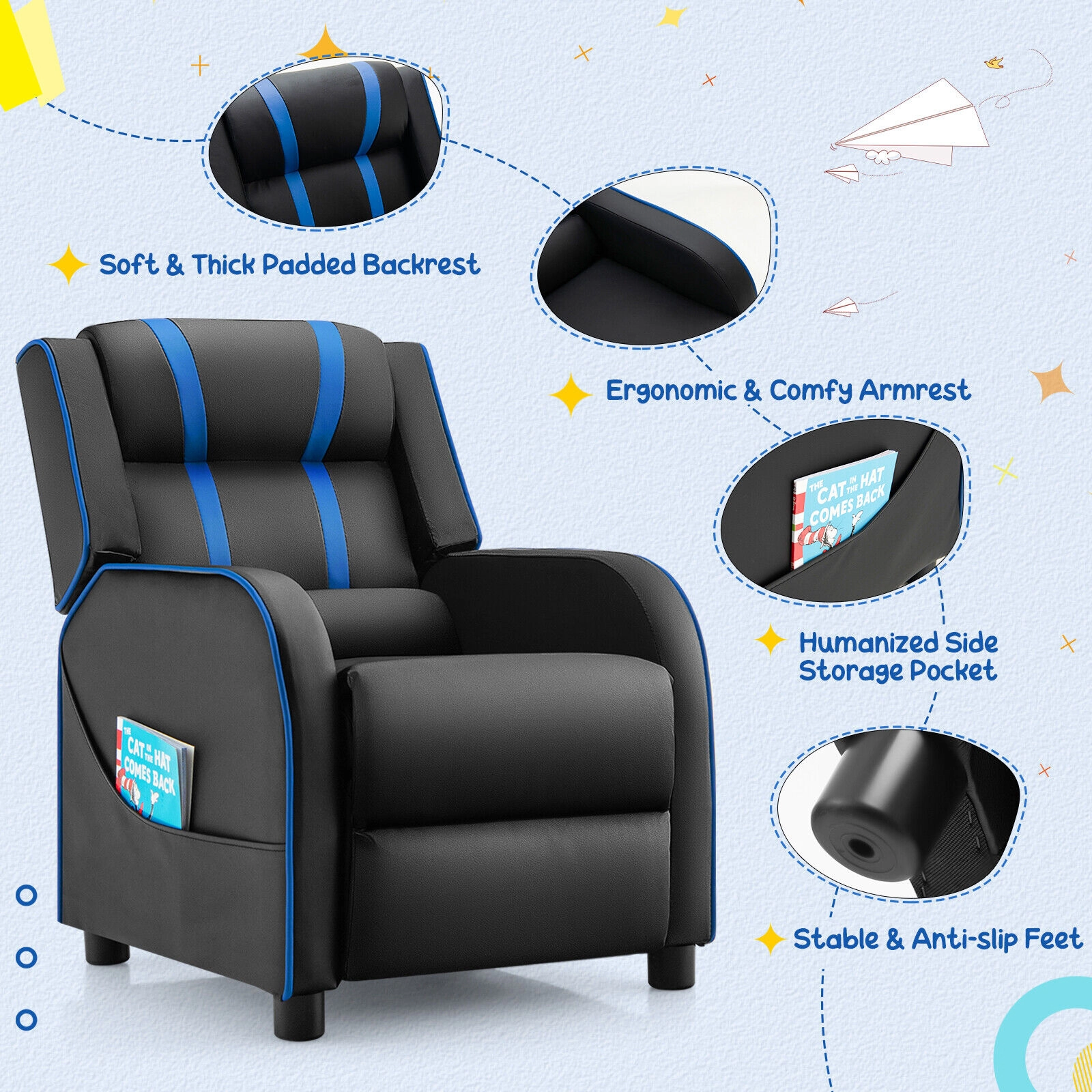 SUGIFT High-Density Sponge Kids Recliner Chair with Side Pockets and Footrest 110-lb Capacity Ages 3-12 Blue