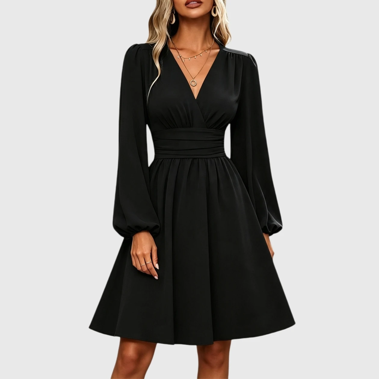 YesFashion Women Deep V Neck Mini Dress Long Sleeve High Waist A-Line Casual Wedding Guest