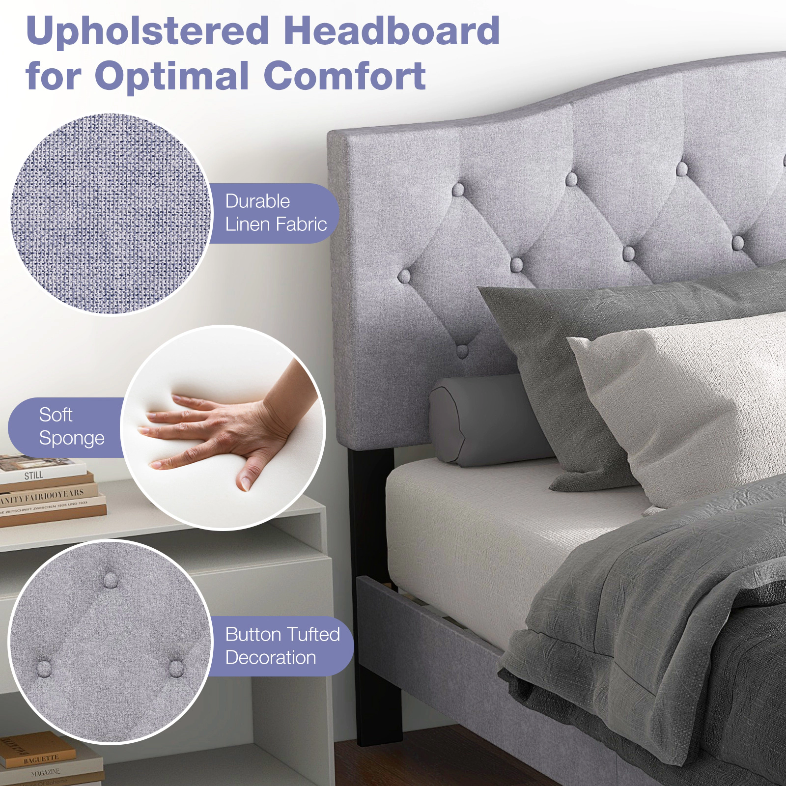 SUGIFT Button Tufted Upholstered Queen Platform Bed Frame with Linen Headboard 800-Lb Capacity 85.5-in Length Gray