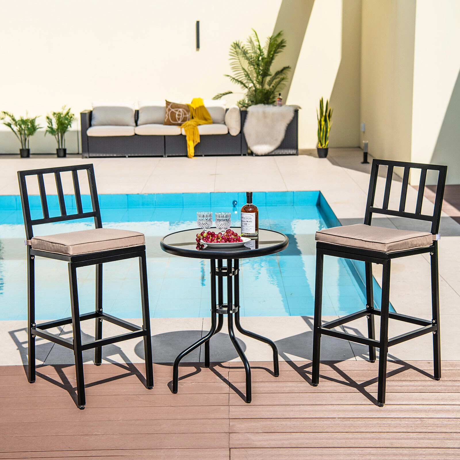 SUGIFT Set of 2 Black Metal Counter Height Bar Stools with Cushioned Backrests and Footrests