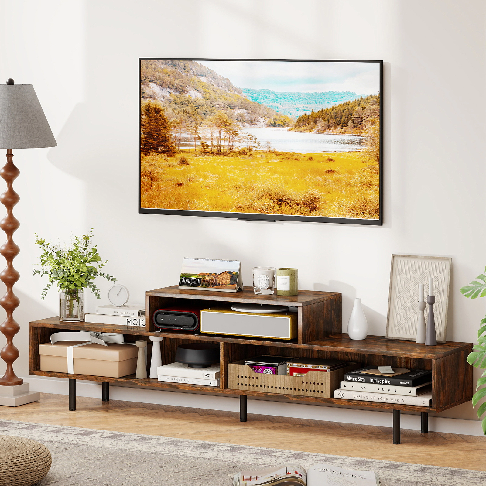 SUGIFT 63-In Rustic Brown TV Stand for TVs Up to 70 Inches, 3 Open Cubbies