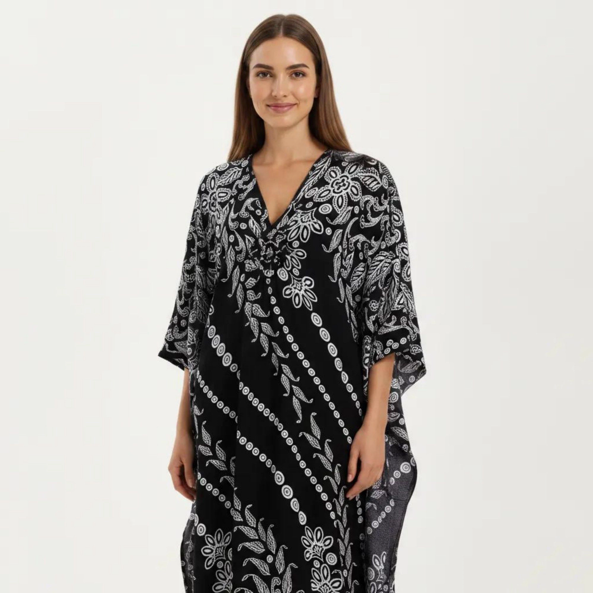 Anna-Kaci Women's Floral Print Kaftan Maxi Dress with V-Neck Button Front and Flowy Batwing Sleeves