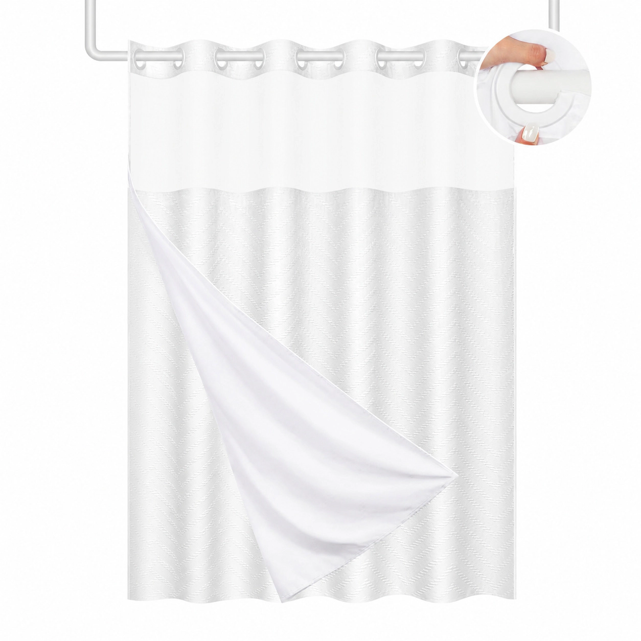 WZK Snap In Liner Ringless No Hook Waterproof Washable Tufted Chevron Shower Curtain Set