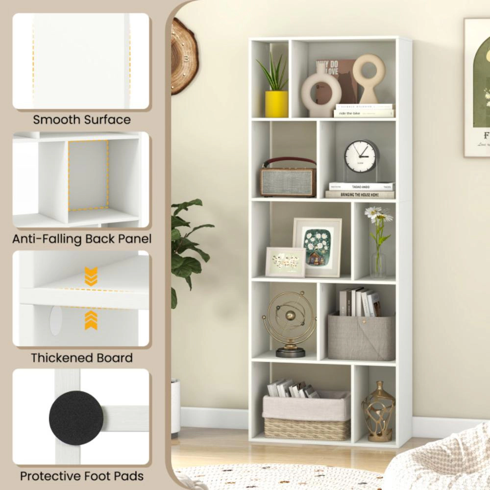 Hivvago 63 Inch 5-Tier Geometric 10-Cube Bookshelf Tall Bookcase-White