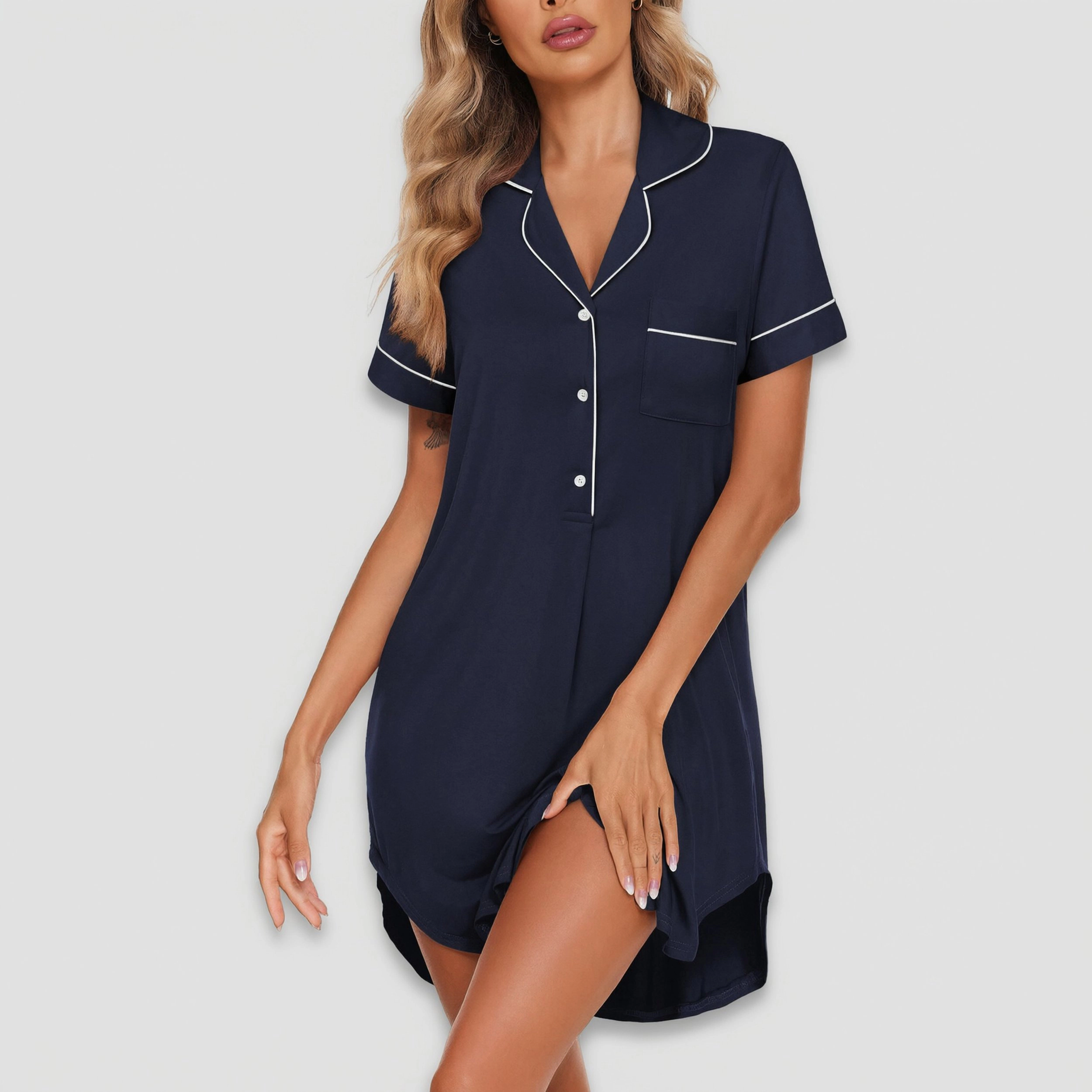 Ekouaer Women's V Neck Short Sleeve Button Down Pajama Nightdress