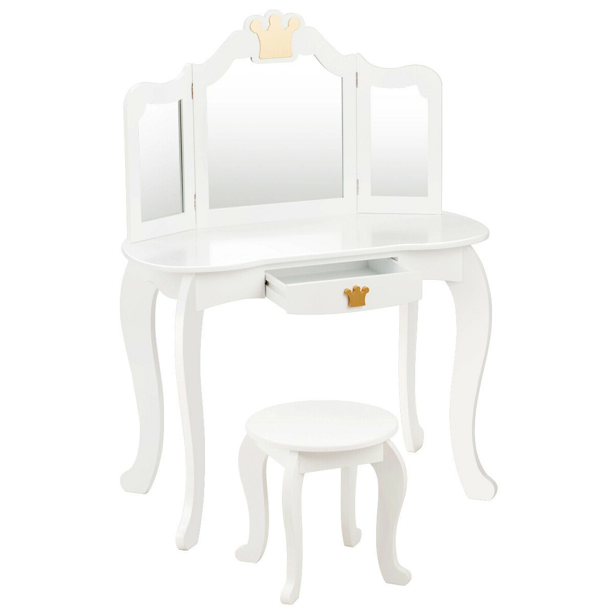SUGIFT Kids Makeup Dressing Table Vanity with Tri-folding Mirror & Stool 33-lb Table Capacity 66-lb Stool Capacity White