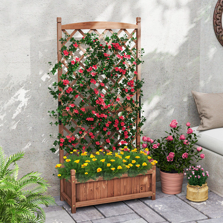Hivvago 60 Inch Tall Raised Garden Bed with Diamond Lattice Trellis and Drainage Holes-Brown