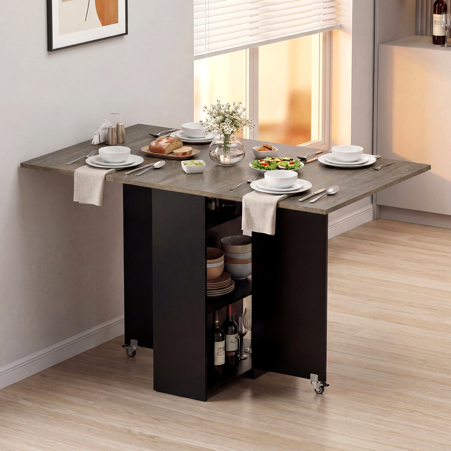 LJG 47.5 Inch Farmhouse Extendable Wooden Dinner Table with Lockable Wheels