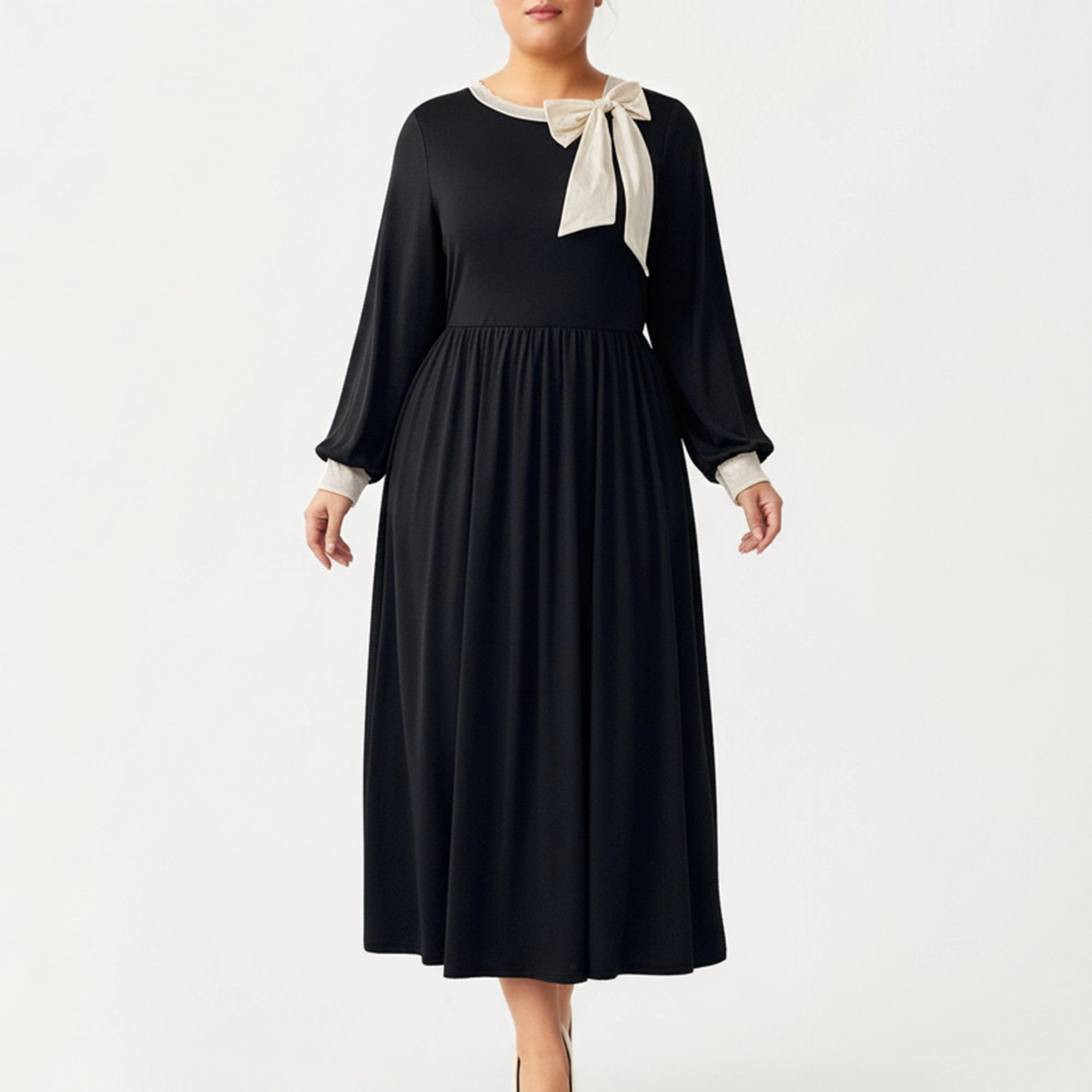 Anna-Kaci Women's Plus Long Sleeve Bow Neck Detail Gathered Waist Flowy Skirt Midi Dress