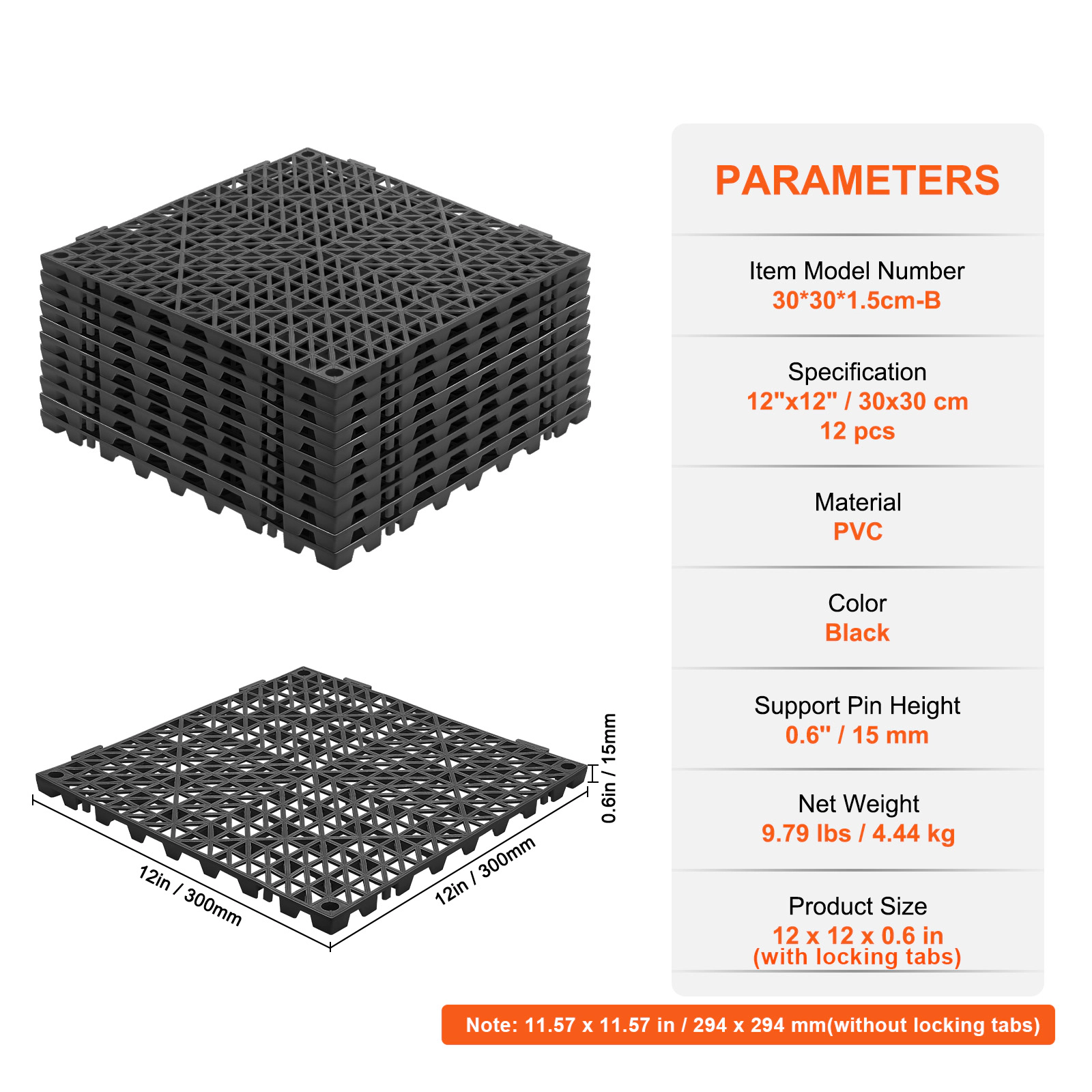 HONGGE 12-Pack PVC Interlocking Drainage Mats, 12 x 12 in Non-Slip Black Tiles for Bathroom, Pool & Kitchen Floors