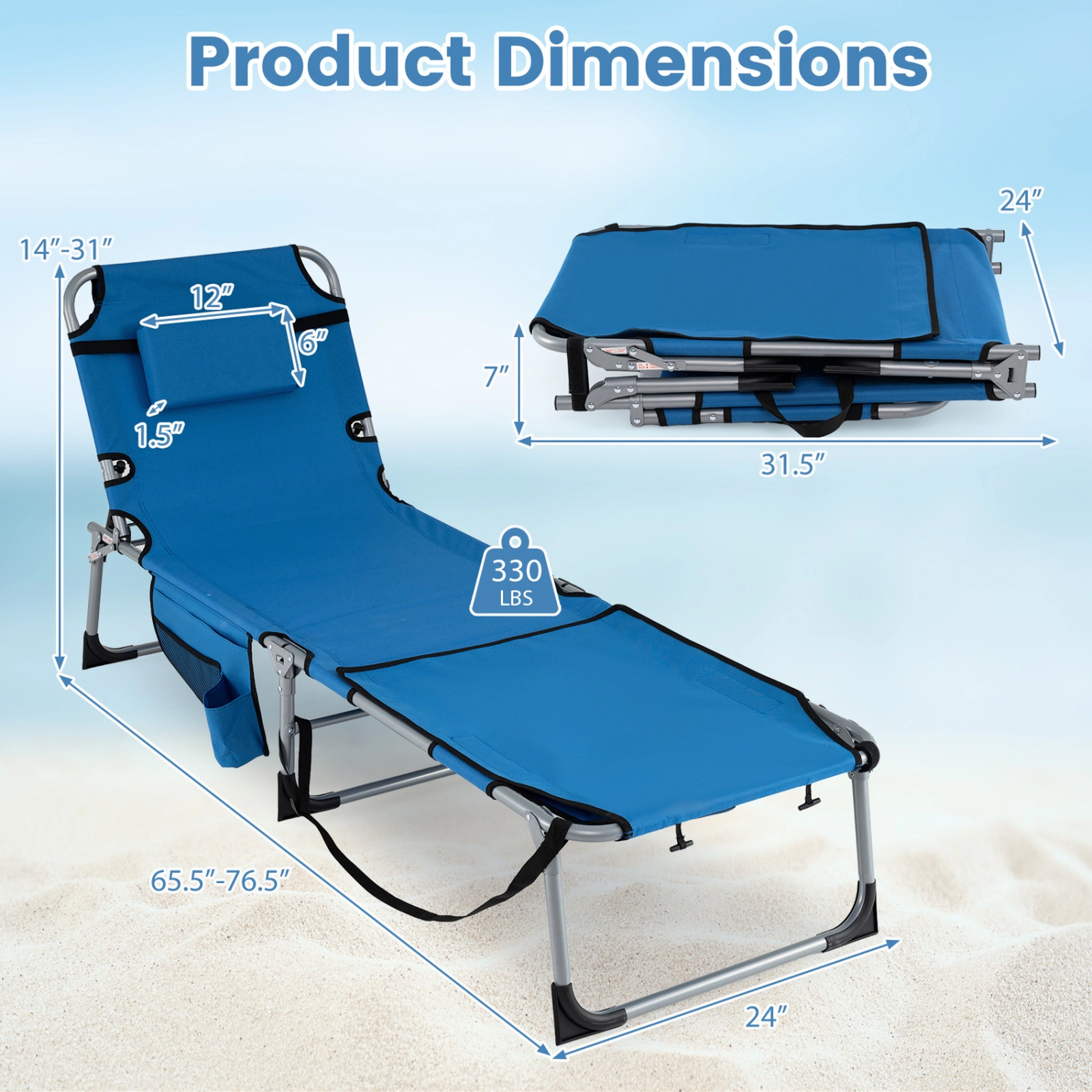 SUGIFT 4-Position Tanning Chair with Face and Arm Holes Portable Sunbathing Chaise 330-lb Capacity 76.5-in Long Blue