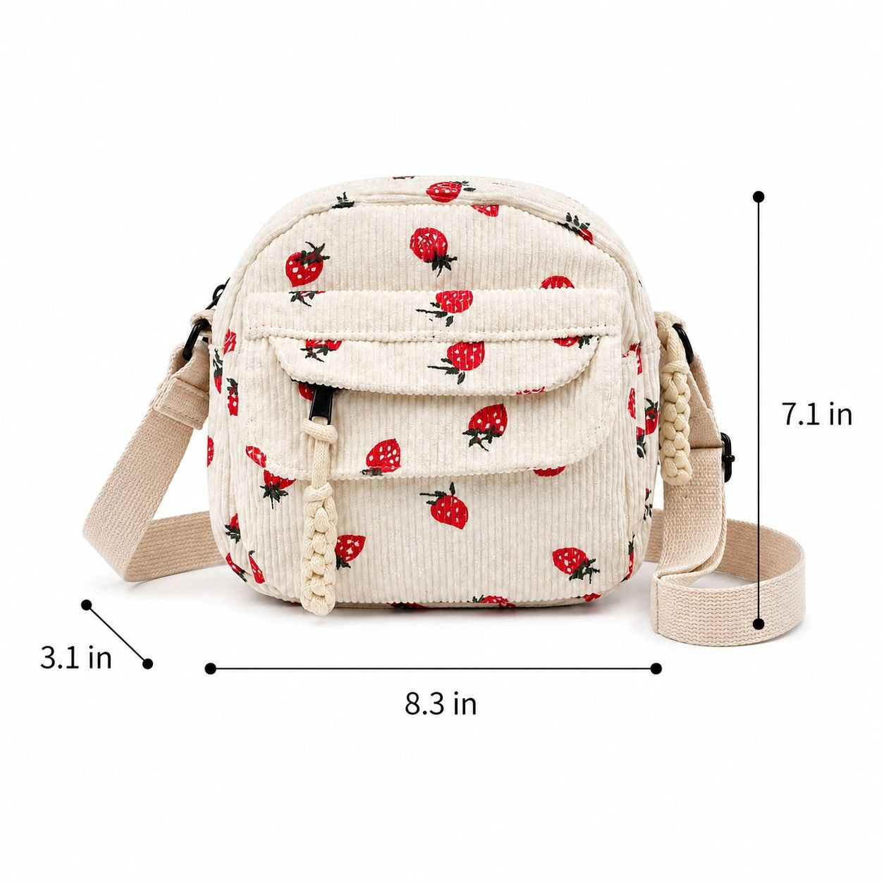 Alilang Women's Strawberry Print Corduroy Crossbody Bag with Front Pocket and Adjustable Strap, Ivory
