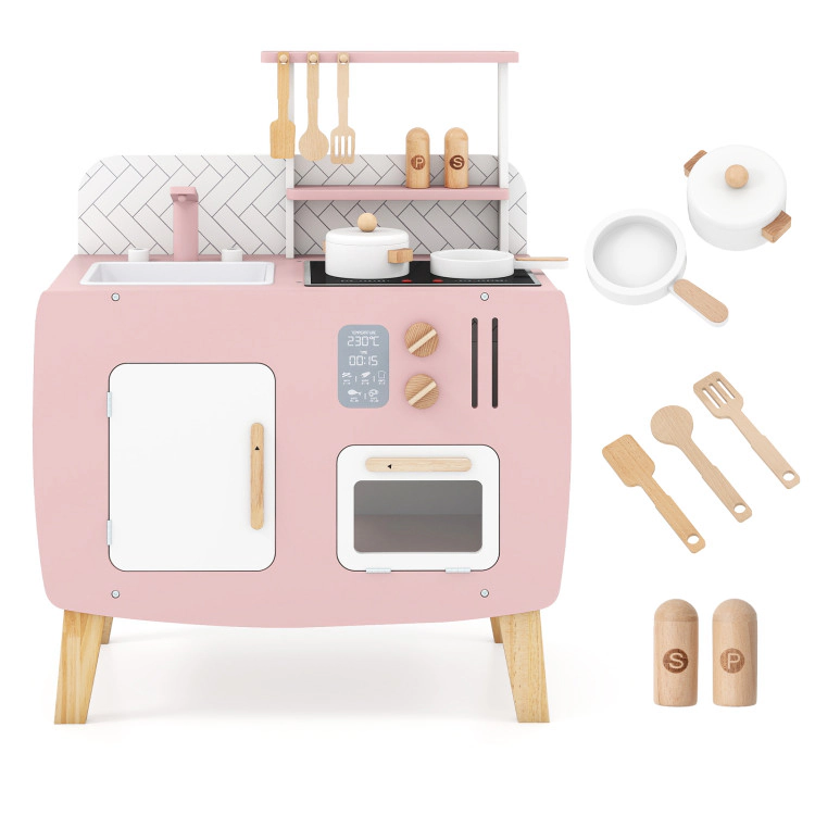 Hivvago Play Kitchen for Kids Wooden Kitchen Playset with Stoves Sink Faucet and Oven