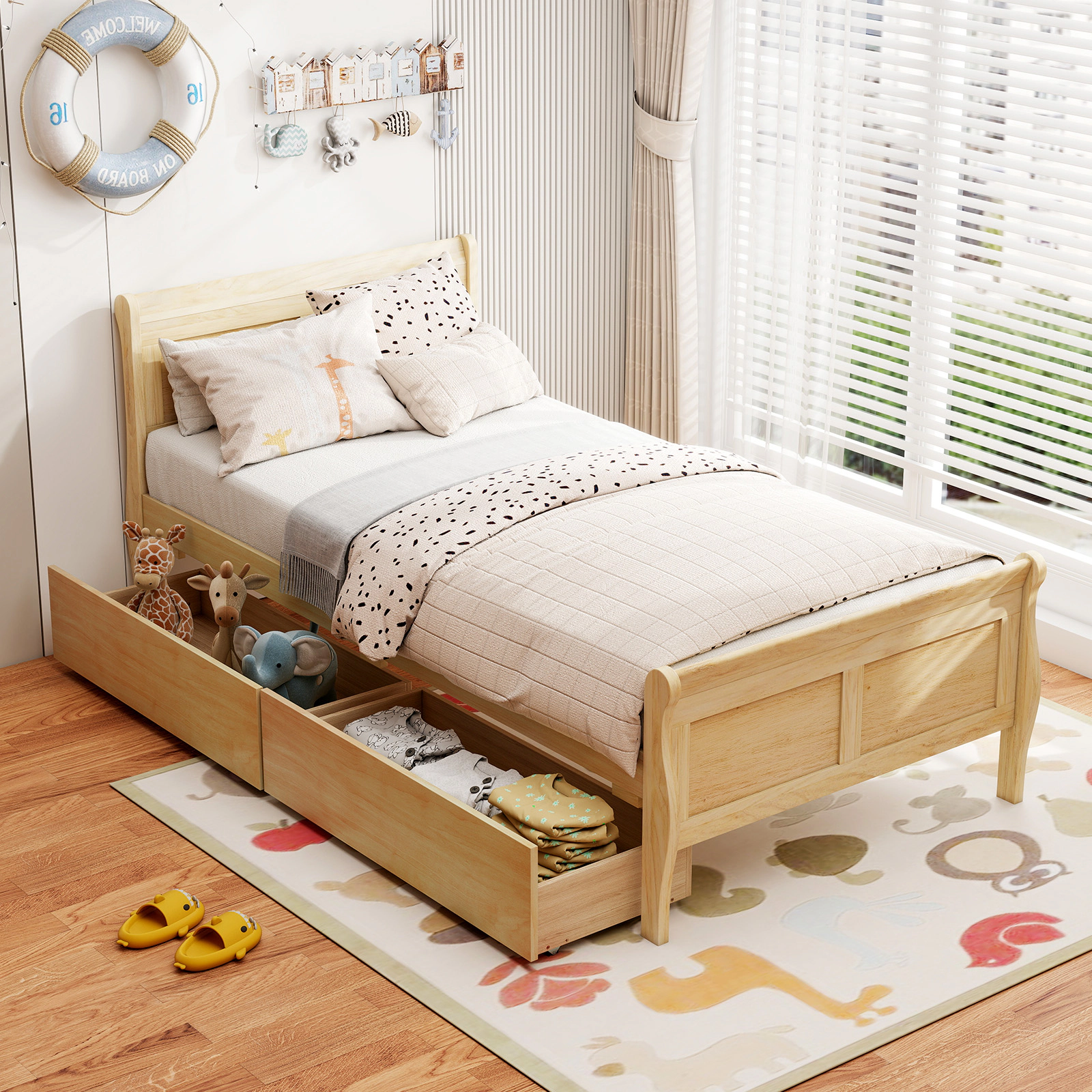 SUGIFT Twin Sleigh Platform Bed with 2 Storage Drawers, Natural Wood, 400-lb Capacity