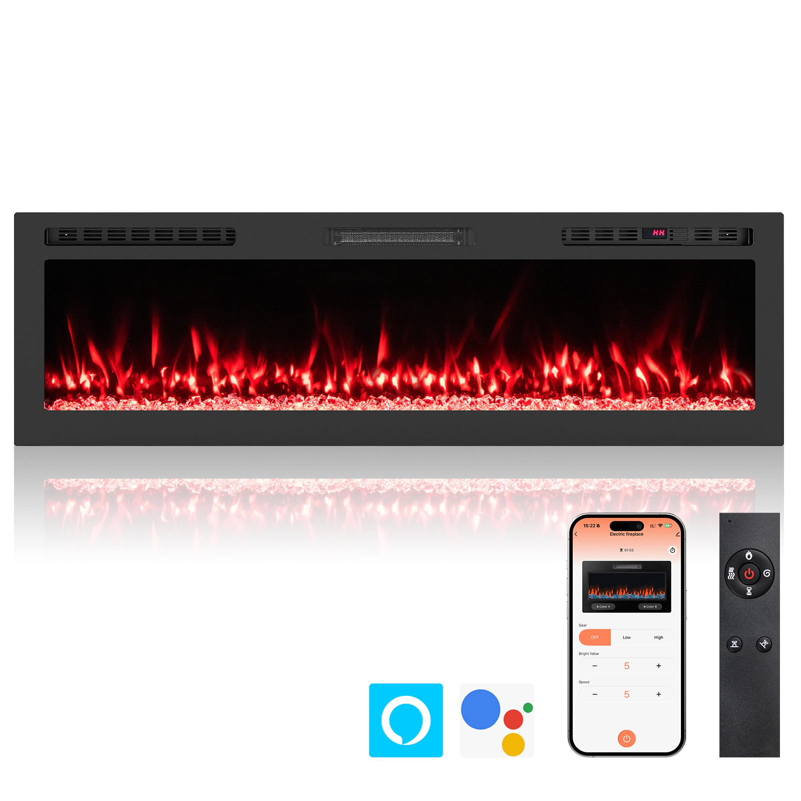 SUGIFT 60-in Smart App Control 12 Flame Colors Recessed Electric Fireplace 60-in x 3.94-in x 18.11-in 1500W Black
