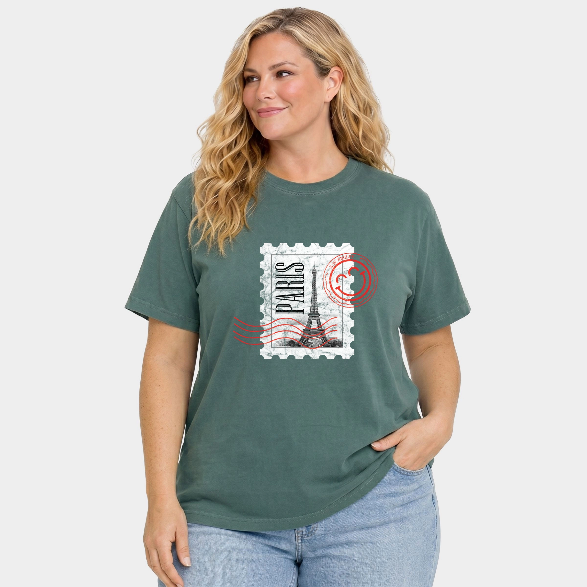 Simply Sage Market - Women's Plus Garment Dyed Tee S.W.Smiley Eiffel Tower Stamp