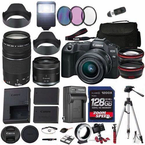 Canon EOS R8 Mirrorless Camera with 24-50mm and 75-300mm Lens + 128 GB Memory + Hood + Spare Travel Charger + Filters +